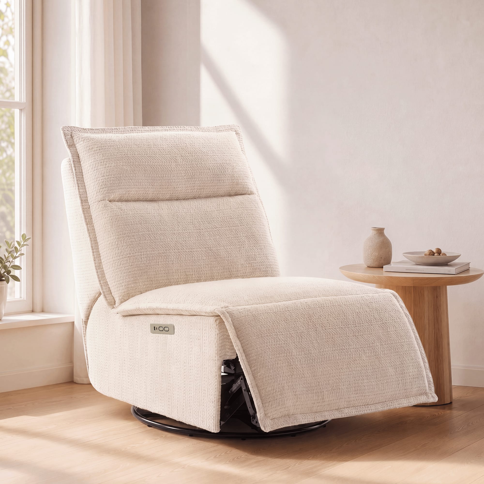 ModernMate - 29.1" Modern Cotton-Linen Armless Power Recliner with Zero Gravity Swivel Rocker and Built-in USB & Type-C - Off-White