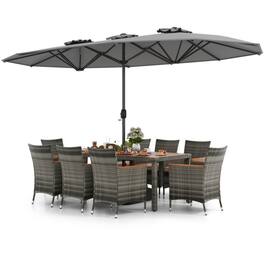 Mondawe - 10 Pieces Patio Wicker Dining Set with 15 Feet Double-Sided Patio Umbrella - Gray