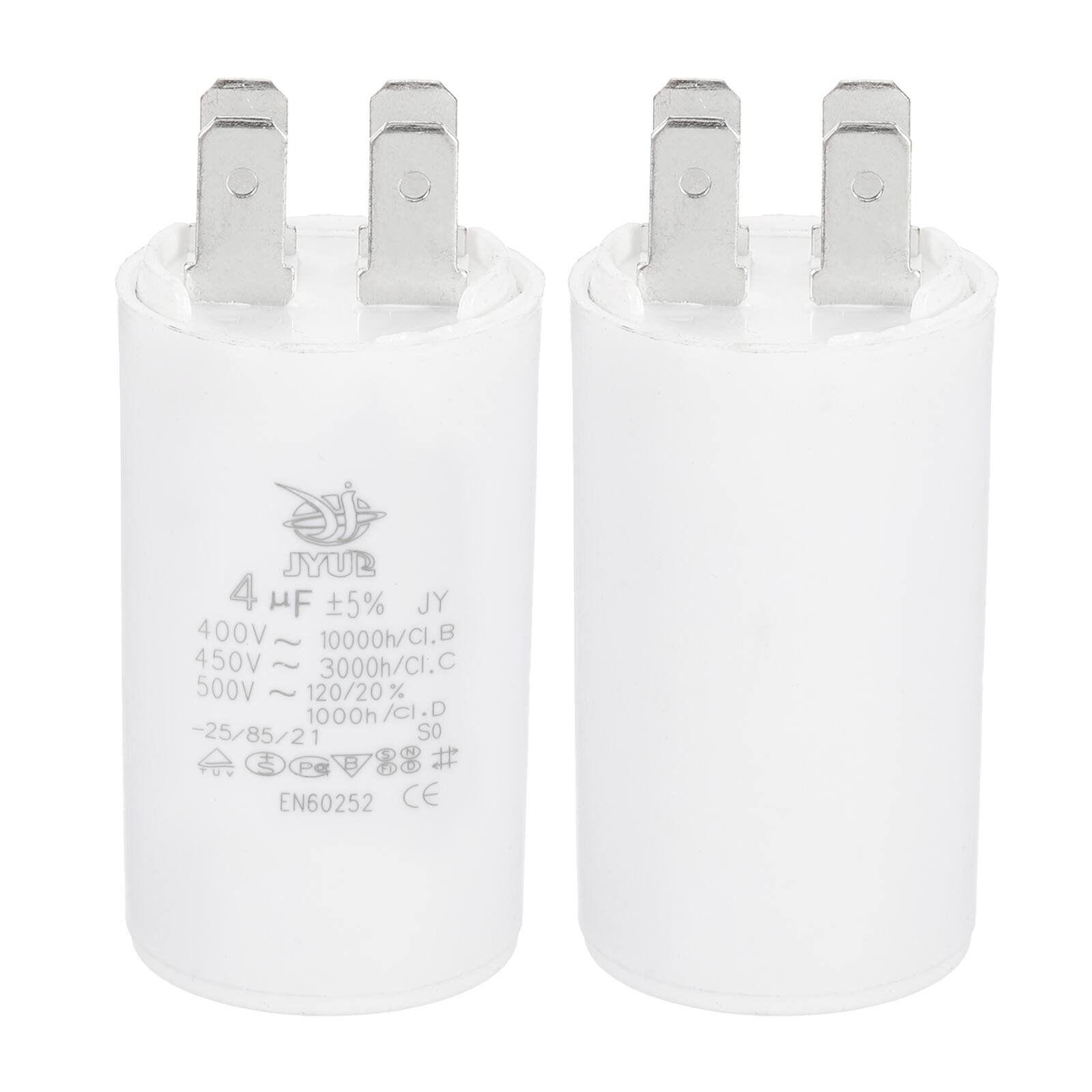 JYUB  
4 µF ±5%  
JY  
400V ~ 10000h/CI.B  
450V ~ 3000h/CI.C  
500V ~ 120/20% 1000h/CI.D  
-25/85/21  
-25 So  
EN60252 CE