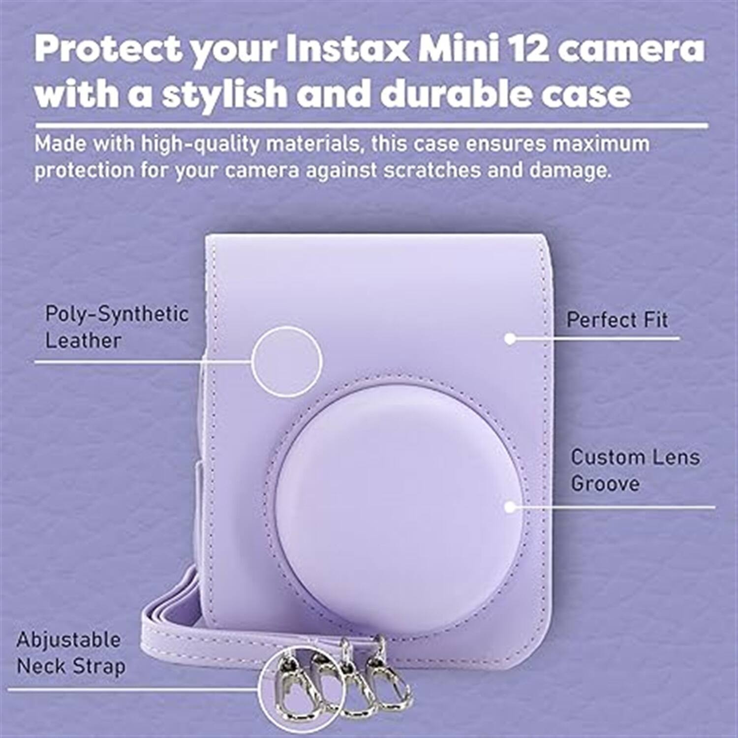 Protect your Instax Mini 12 camera with a stylish and durable case. Made with high-quality materials, this case ensures maximum protection for your camera against scratches and damage.

- Poly-Synthetic Leather
- Perfect Fit
- Custom Lens Groove
- Adjustable Neck Strap