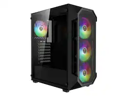 GAMDIAS - AURA GC1 ELITE ATX Mid-Tower PC Case, Airflow Mesh Front, 4 ARGB Fans, Tempered Glass, GPU 340mm / 360mm AIO - Black