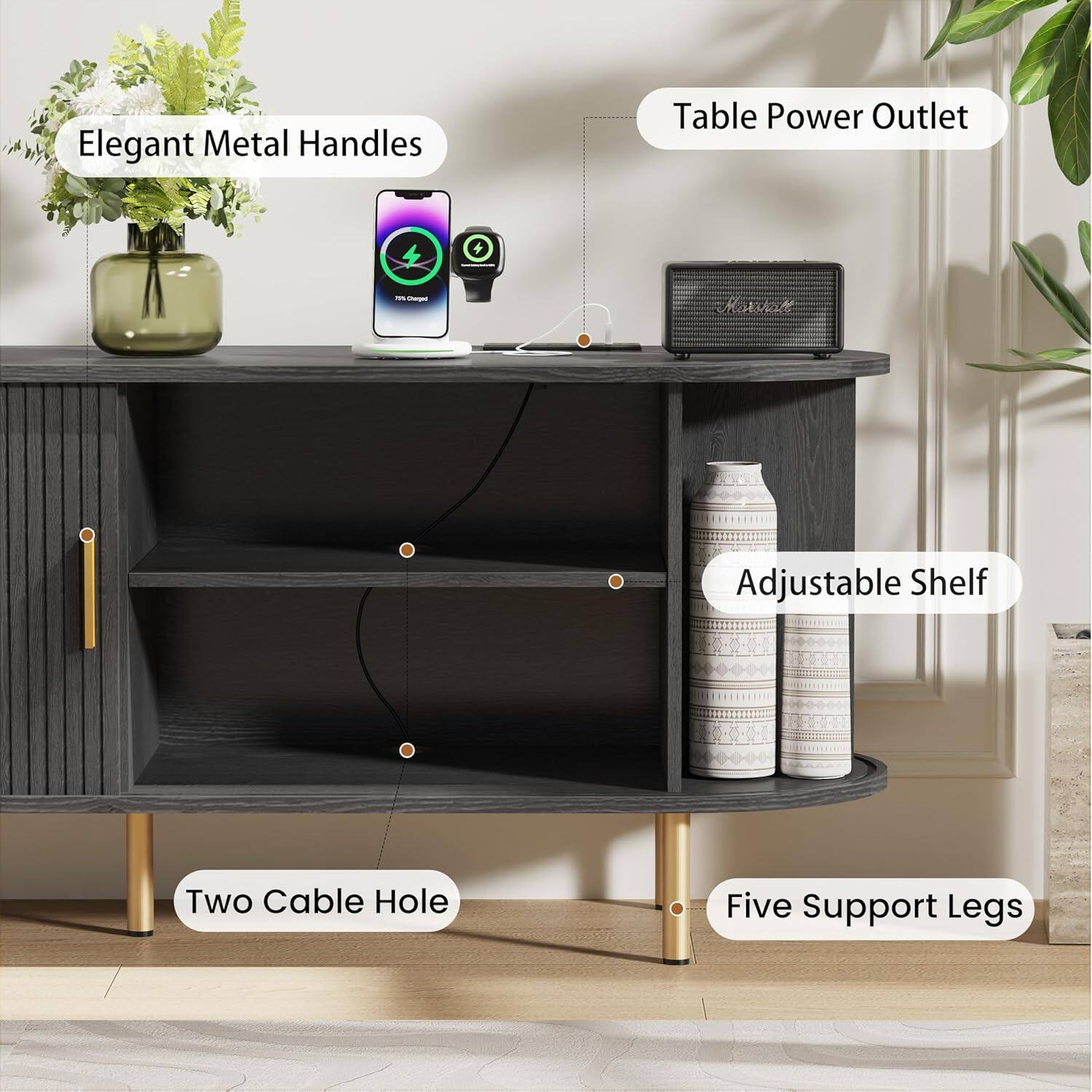 - Elegant Metal Handles
- Table Power Outlet
- Two Cable Hole
- Adjustable Shelf
- Five Support Legs