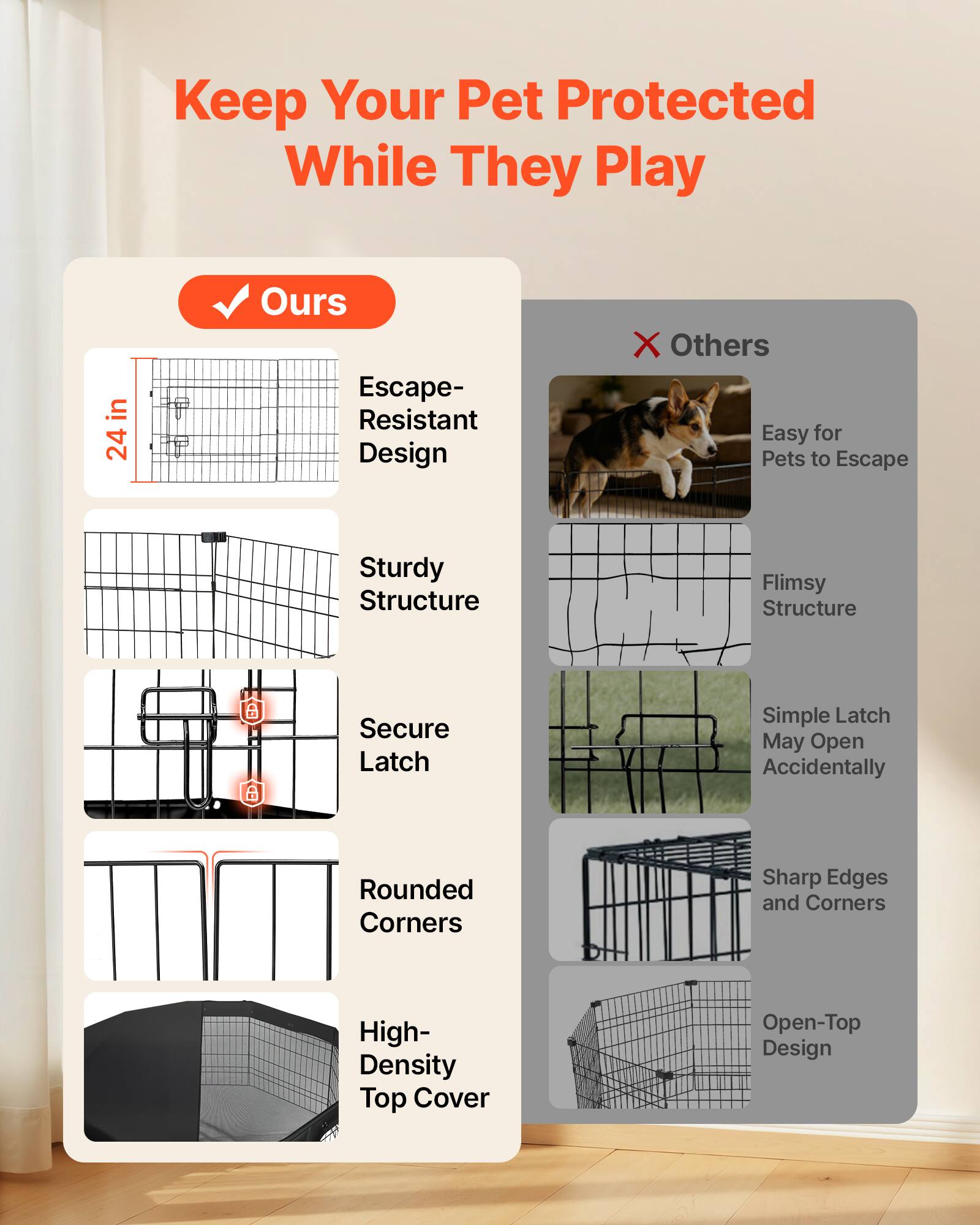 Keep Your Pet Protected While They Play

Ours:
- Escape-Resistant Design
- Sturdy Structure
- Secure Latch
- Rounded Corners
- High-Density Top Cover

Others:
- Easy for Pets to Escape
- Flimsy Structure
- Simple Latch May Open Accidentally
- Sharp Edges and Corners
- Open-Top Design