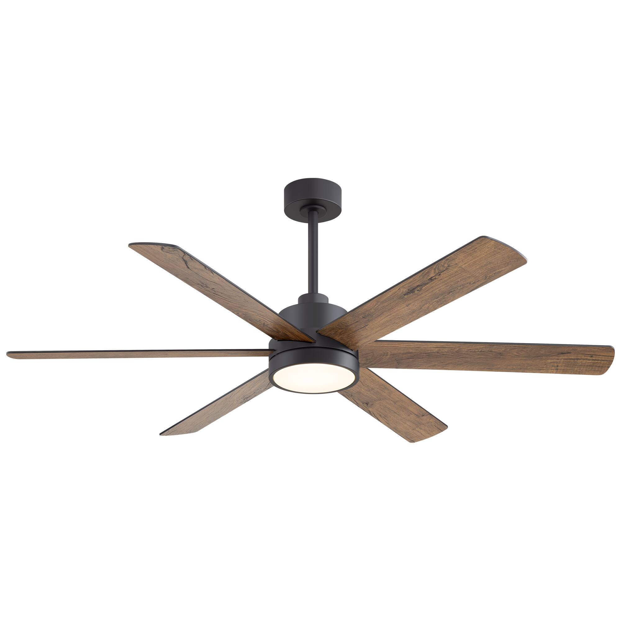 Angle. Breezary - 60 Inch Modern LED Ceiling Fan with Light and Remote, 6 Reversible Plywood Blades,6&12 Inch Downrods Included - matte black and walnut.