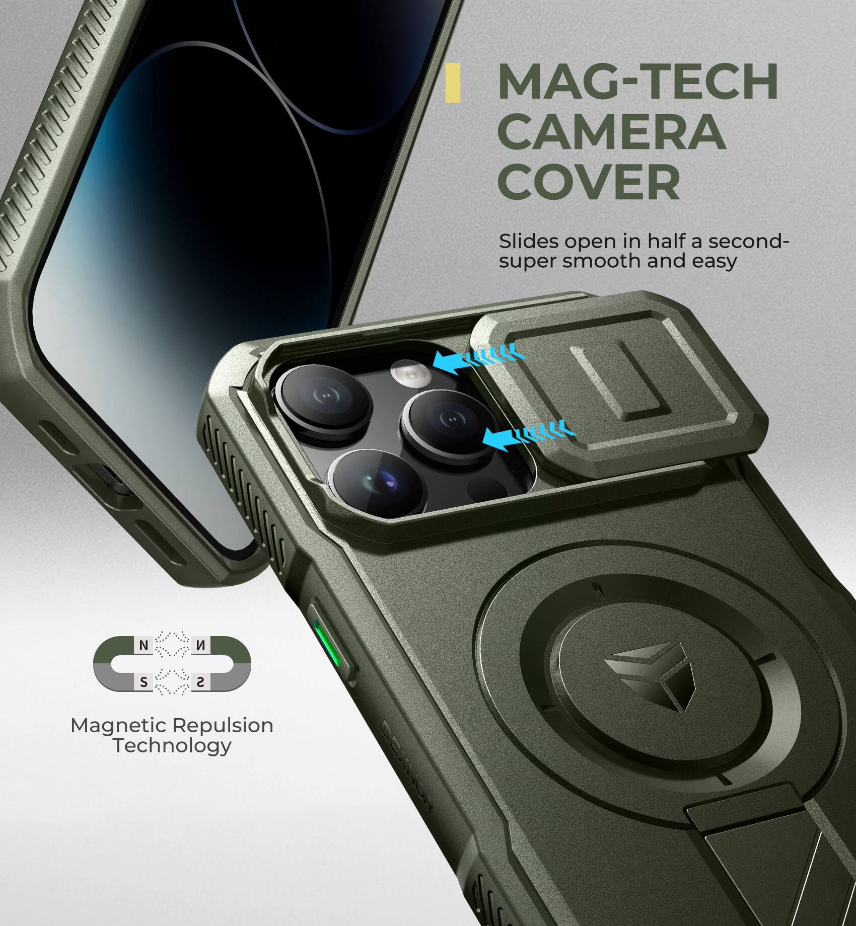 MAG-TECH CAMERA COVER  
Slides open in half a second- super smooth and easy  

Magnetic Repulsion Technology