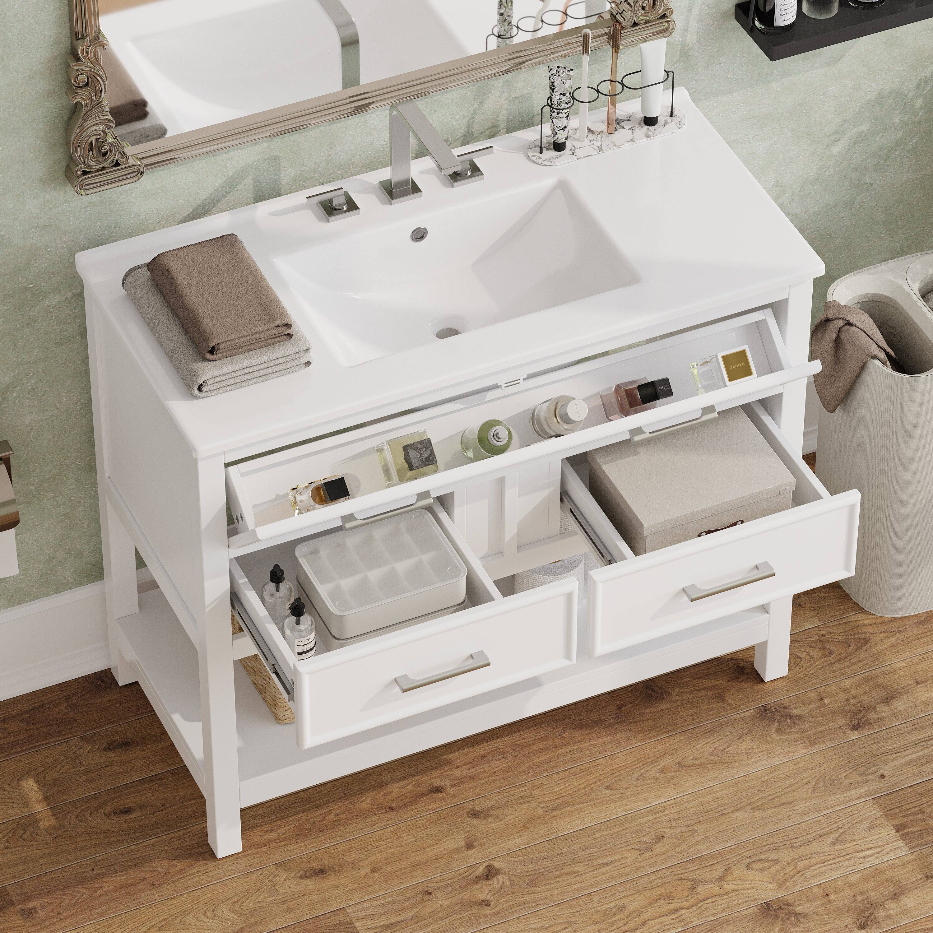 Alt View 7. Boyel Living - 36 Inch Bathroom Vanity with Ceramic Sink Tip Out Tray Full Extension Drawers Soft Close White - White.