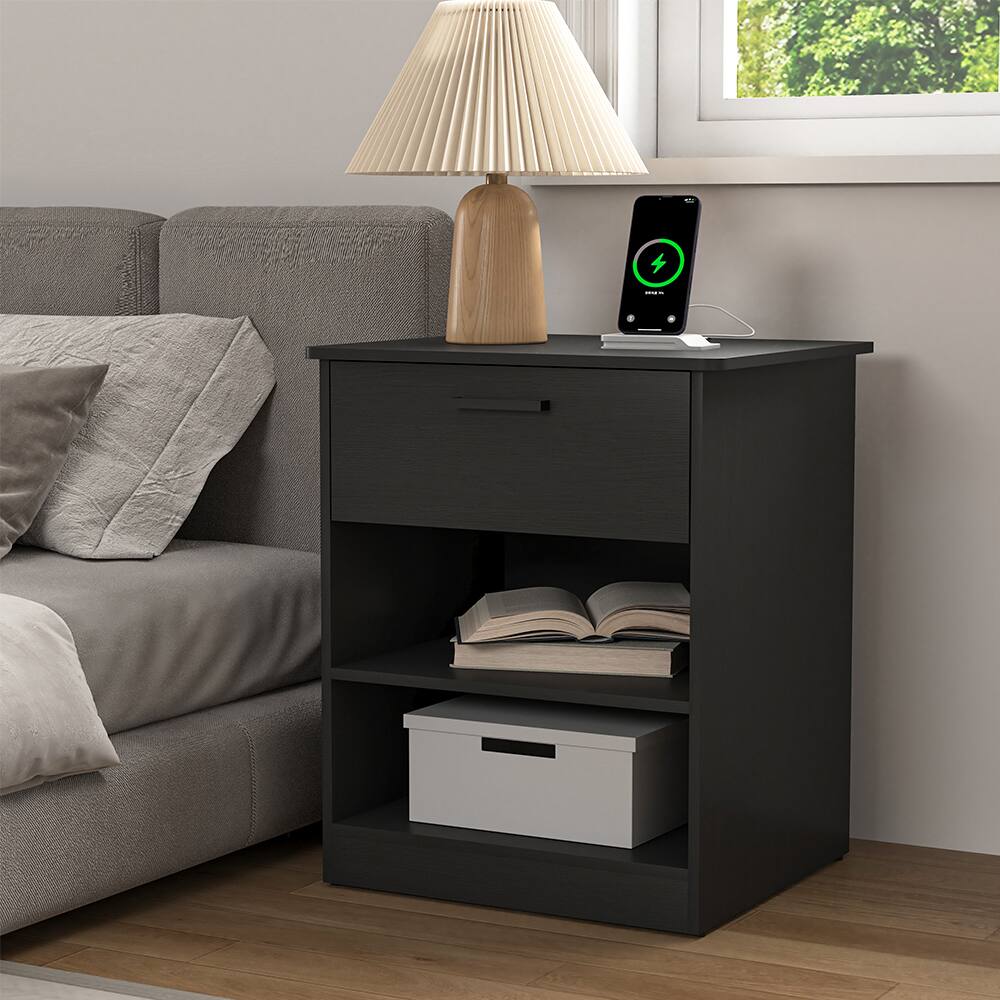 Angle. Spaco - Nightstand with Charging Station,2 USB,Type C,Drawer,Adjustable Shelf - Black.