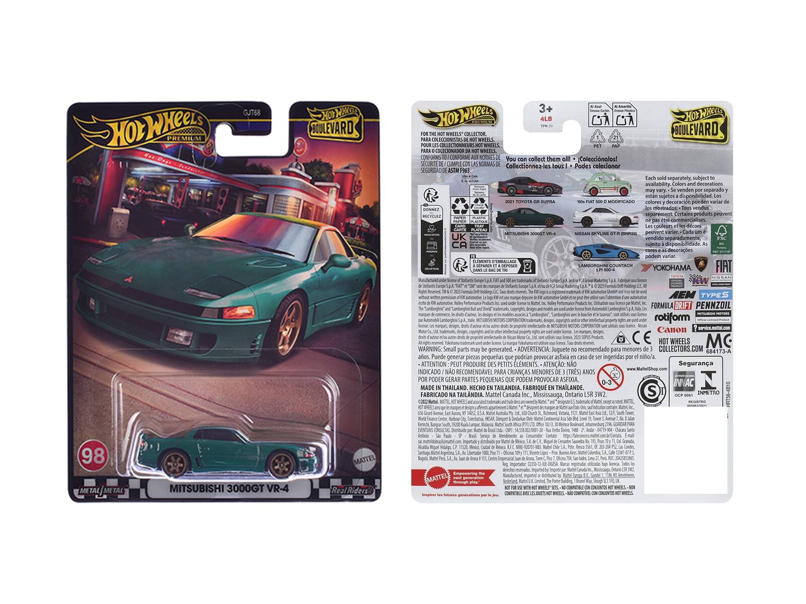 Sure, here is the corrected and grouped text from the image:

---

**Front Side:**

- **Hot Wheels**
- **Premium**
- **Boulevard**
- **98**
- **Metal**
- **MITSUBISHI 3000GT VR-4**

---

**Back Side:**

- **Hot Wheels**
- **Boulevard**
- **3+**
- **4LB**
- **TPN 20**
- **You can collect them!**
- **Colecciona-los!**
- **Collectionne-les!**
- **Each sold separately, subject to availability.**
- **Colors and decorations may vary.**
- **Cada vendido separadamente. sujetos a disponibilidad.**
- **Couleurs et décorations peuvent varier.**
- **98 FIAT 500 MODIFICO**
- **NISSAN SKYLINE GT-R (R34)**
- **2021 TOYOTA GR SUPRA**
- **MITSUBISHI 3000GT VR-4**
- **YOKOHAMA**
- **FIAT**
- **NISSAN**
- **AEM**
- **TYPES**
-