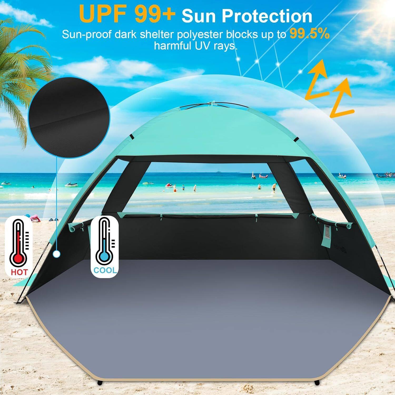 UPF 99+ Sun Protection  
Sun-proof dark shelter polyester blocks up to 99.5% harmful UV rays.  
HOT COOL