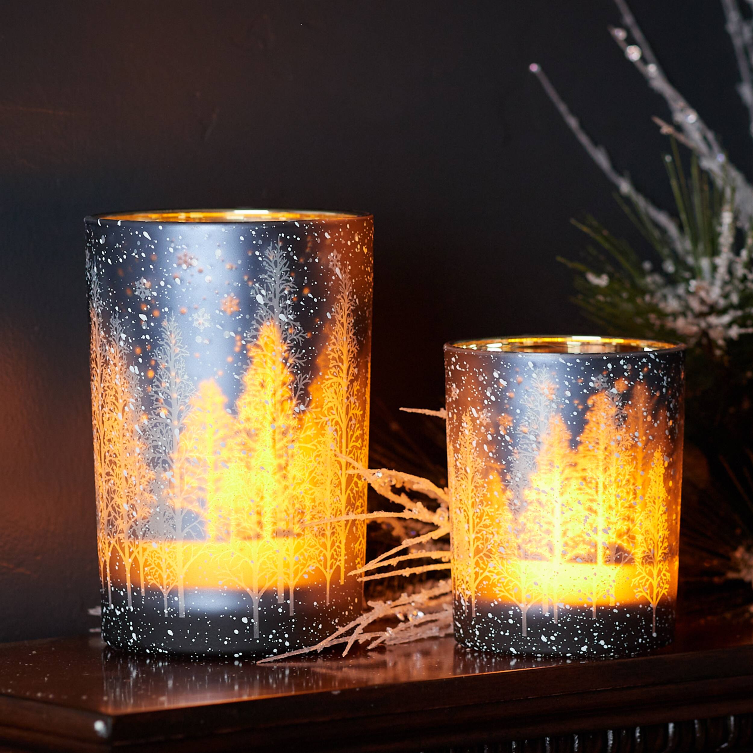 Angle. BreeBe - Navy Pine Tree Glass Candle Holder (Set of 2) - Blue, Gray.