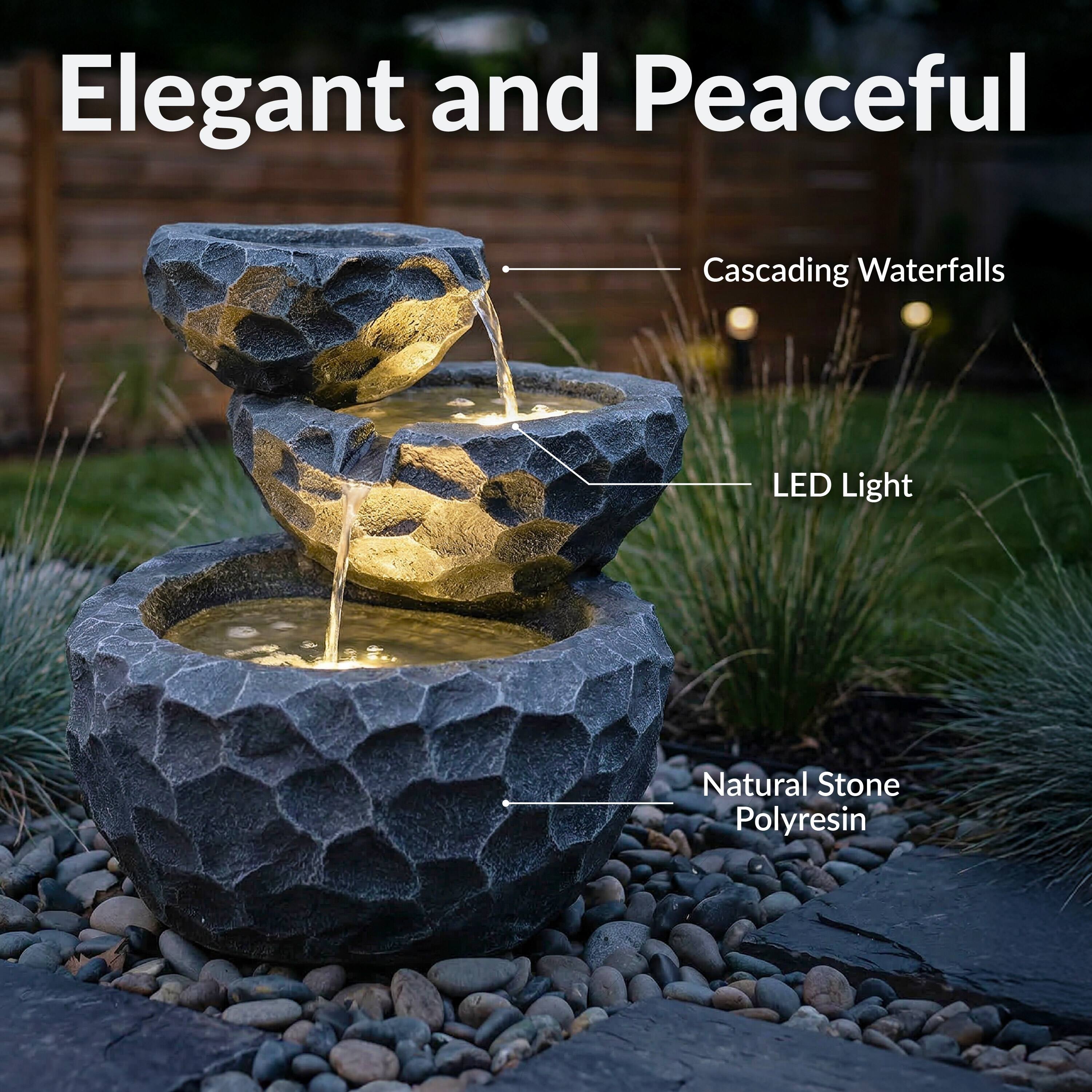 Elegant and Peaceful  
Cascading Waterfalls  
LED Light  
Natural Stone Polyresin