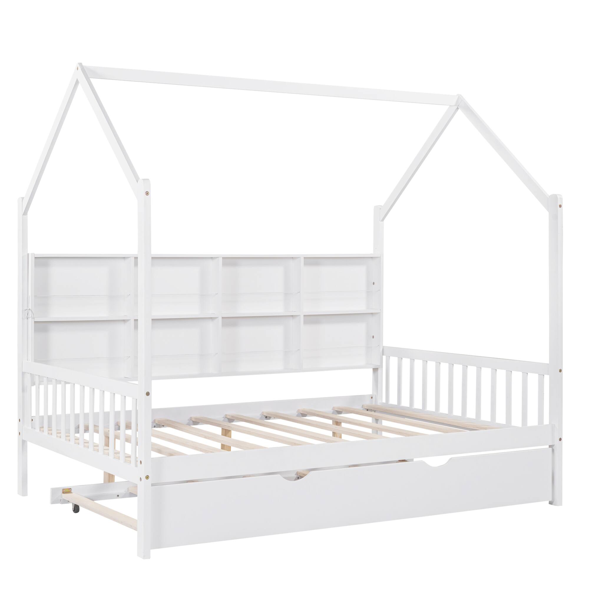 Alt View 2. GOODSILO - Full Size Wooden House Bed with Trundle and Back Shelf for Kids - Timeless Design - White.