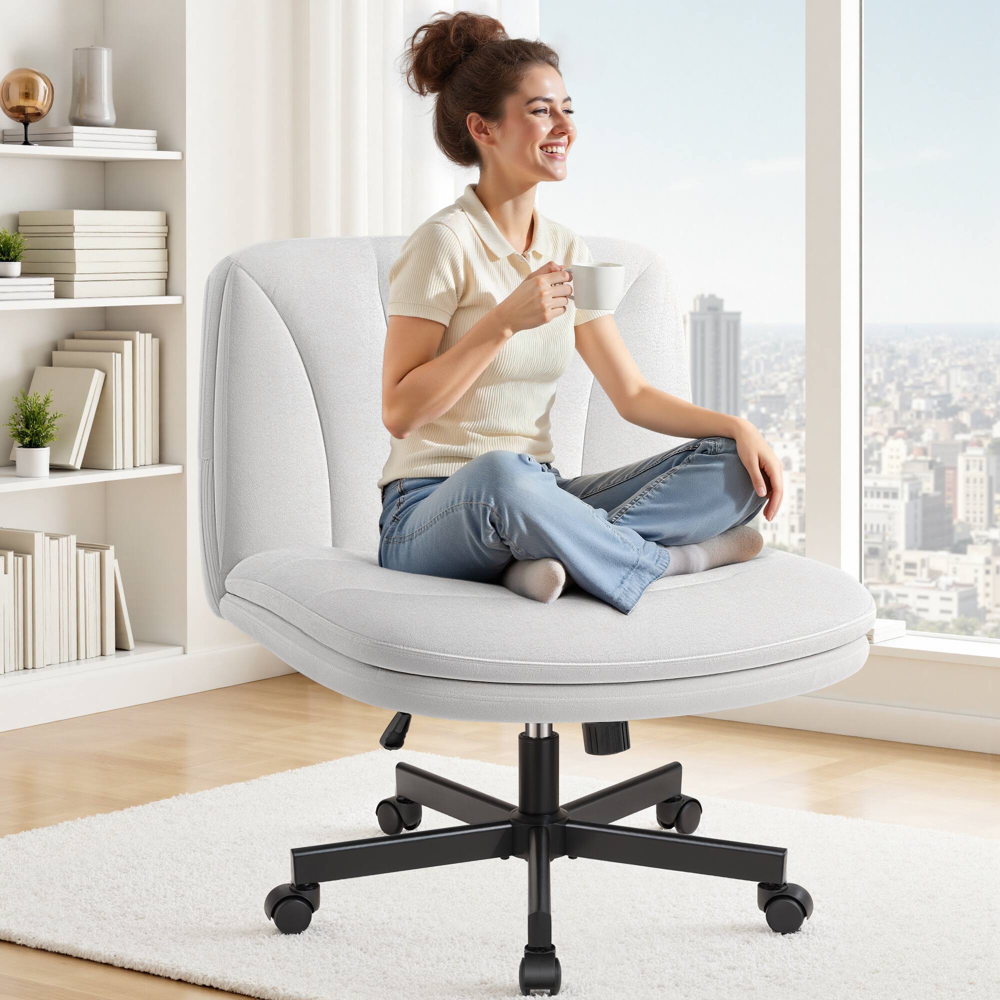 Alt View 4. KERDOM - Velvet Swivel Cross Legged Chair with Wheels, Armless Wide Vanity Chair 2 Layer Thickened Cushion, Reclining Backrest - White.