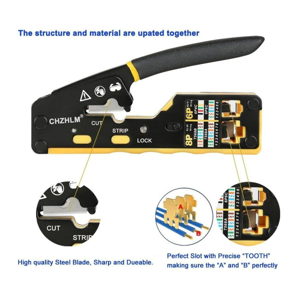 The structure and material are updated together!  
CHZHLMR CUT STRIP LOCK  
Wring 6P 6P4C 9 Wring T568B 8P 6P6C T568A 123456 2345678 CUT STRIP  
High quality Steel Blade, Sharp and Durable.  
6P6C 123456 A E T568A 12345678 B  
Perfect Slot with Precise "TOOTH" making sure the "A" and "B" perfectly