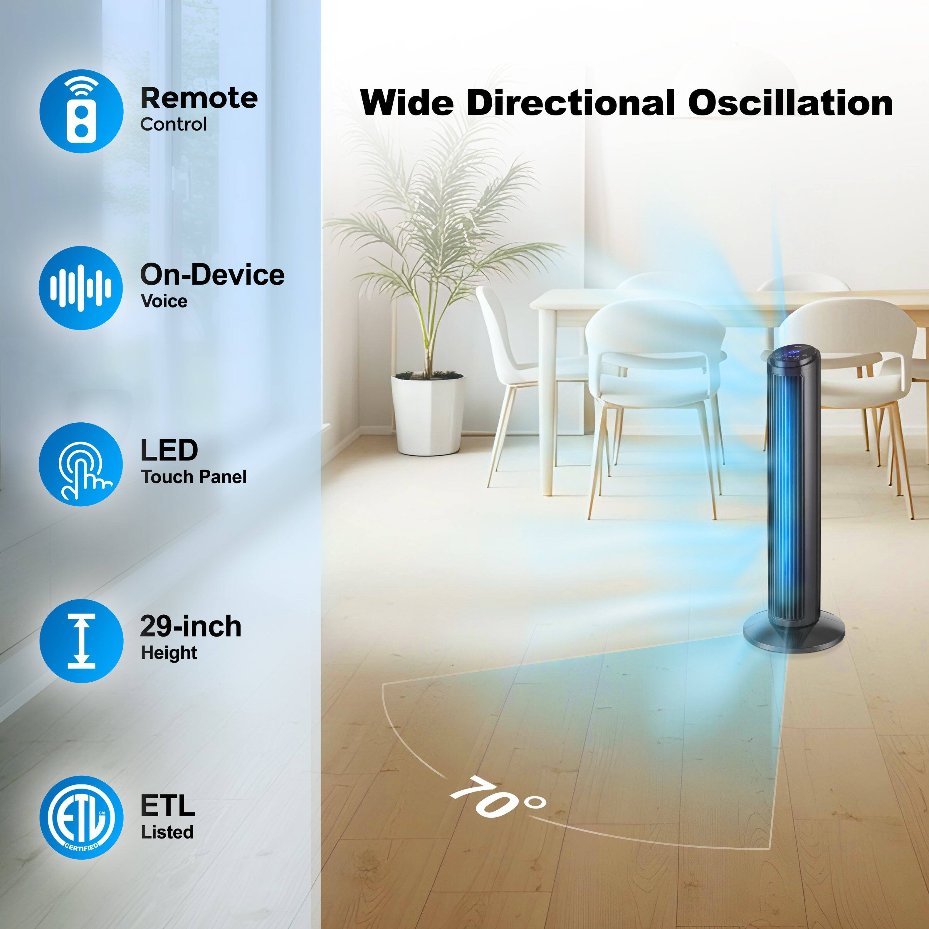 Remote Control  
Wide Directional Oscillation  
On-Device Voice  
LED Touch Panel  
29-inch Height  
ETL Listed  
70°