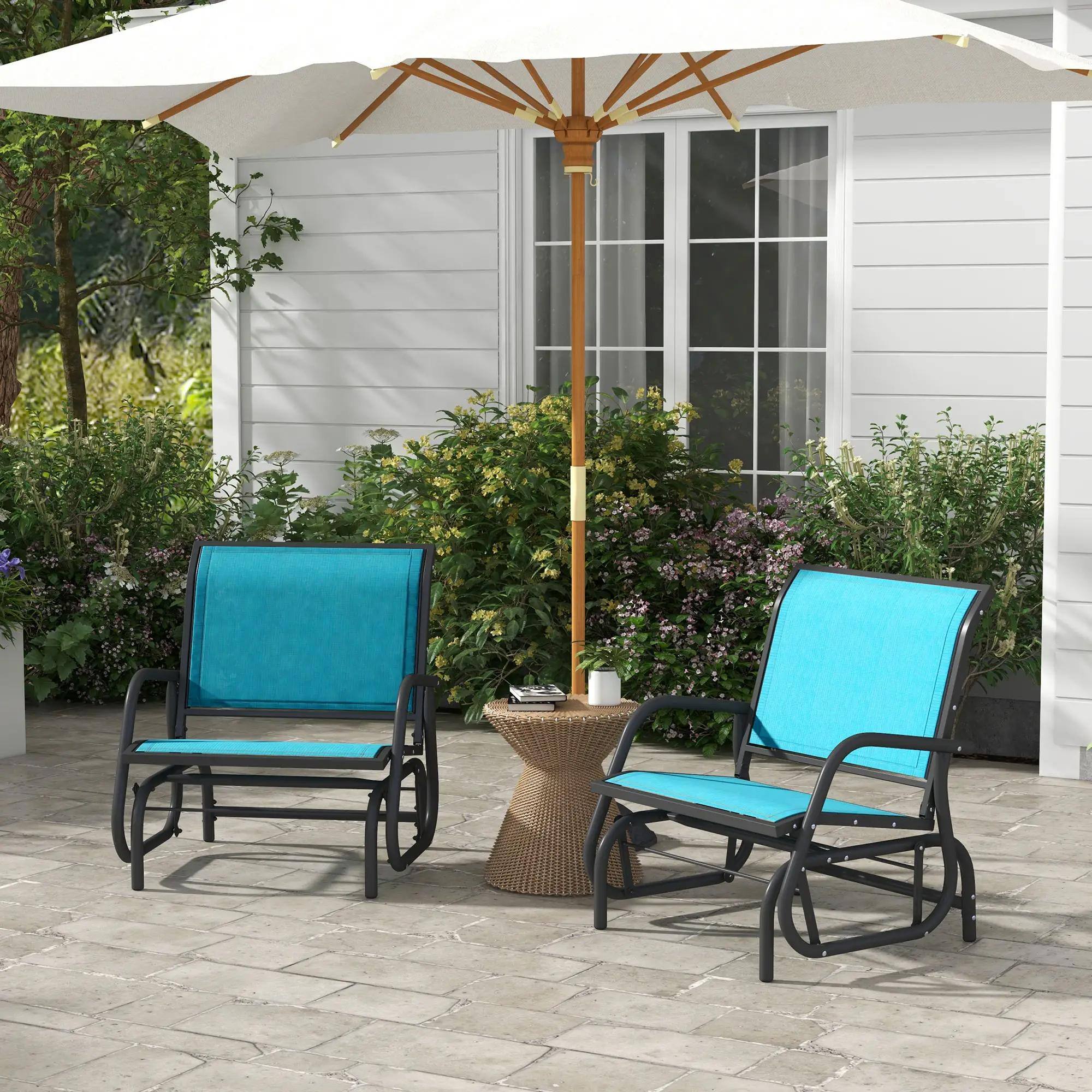 Left. Resenkos - Resenkos 2-Piece Steel Swing Chair, Curved Armrests, Outdoor Glider, Perfect for Porch, Garden, Poolside, Balcony, Blue - Blue.