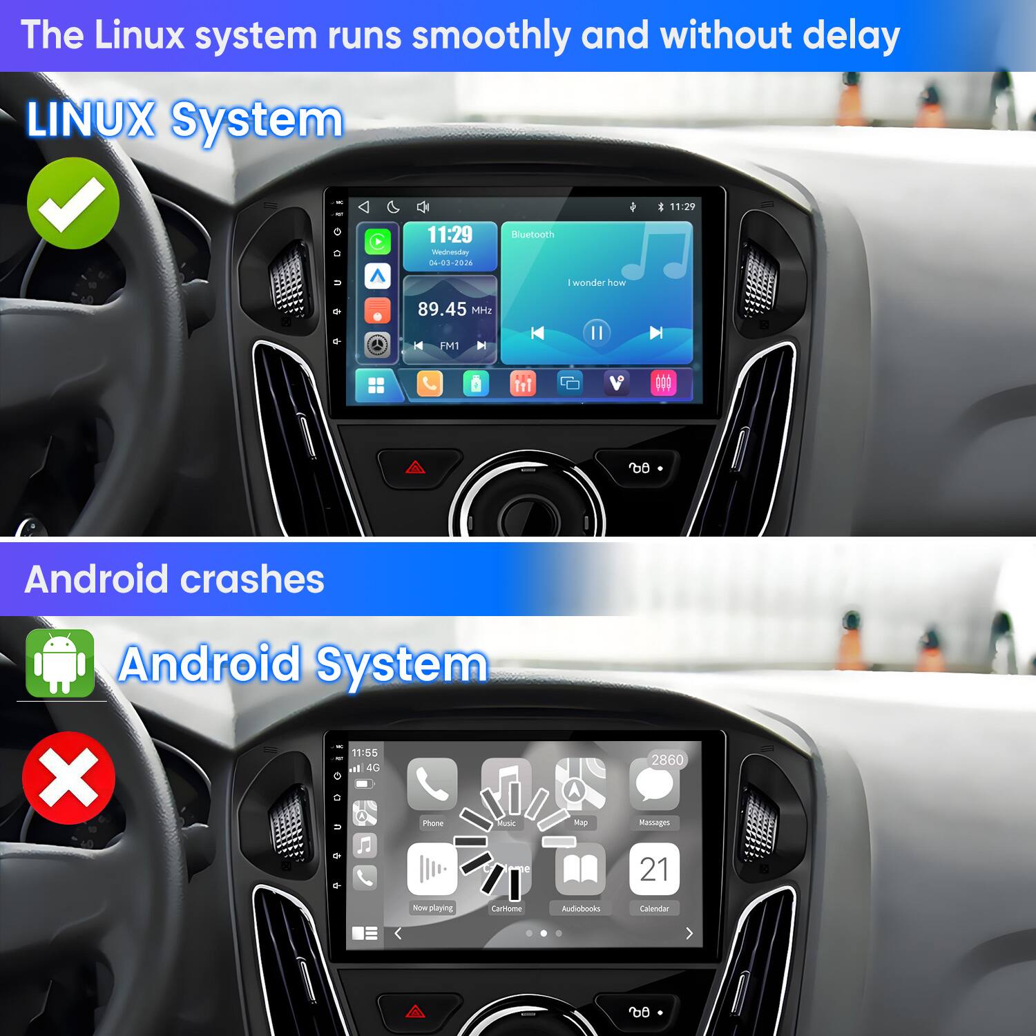 The Linux system runs smoothly and without delay  
LINUX System  
11:29 Wednesday 04-03-2036  
Bluetooth  
- 11:29  
I wonder how  
89.45 MHz  
FM1  
QQ  
Android crashes  
Android System 11:55 all 4G X 0  
Phone Music U  
Map  
2860 Massages  
21  
Now playing  
CarHome  
Audiobooks  
Calendar  
0  
0