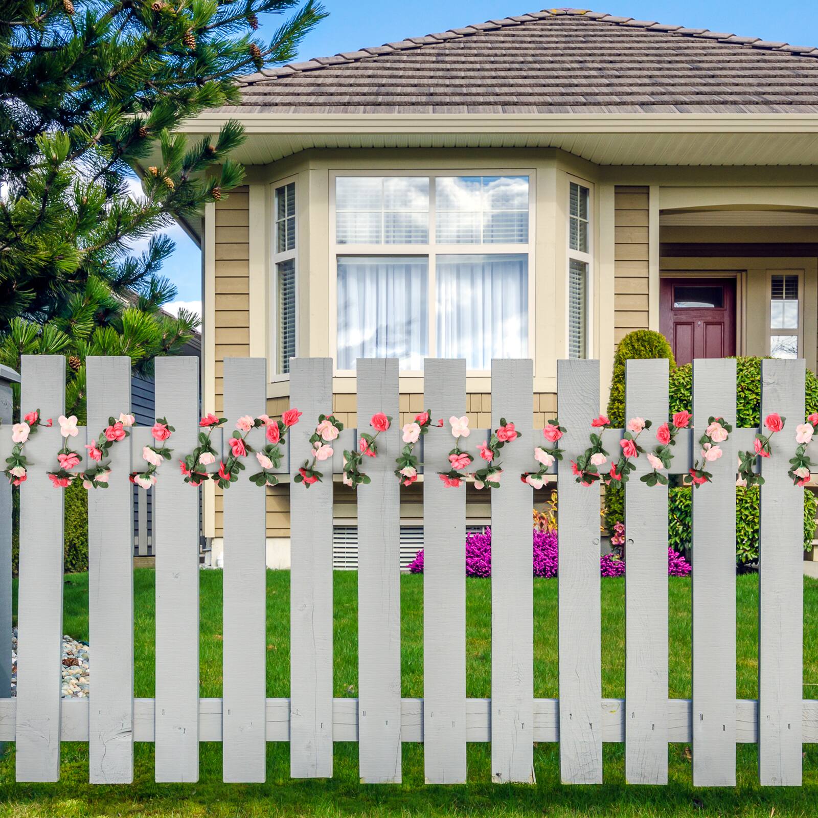 Alt View 2. Oumilen - 32.8FT Solar Pink Red Rose Vine String Lights – 8 Modes Waterproof Artificial Flower Garland for Fence.