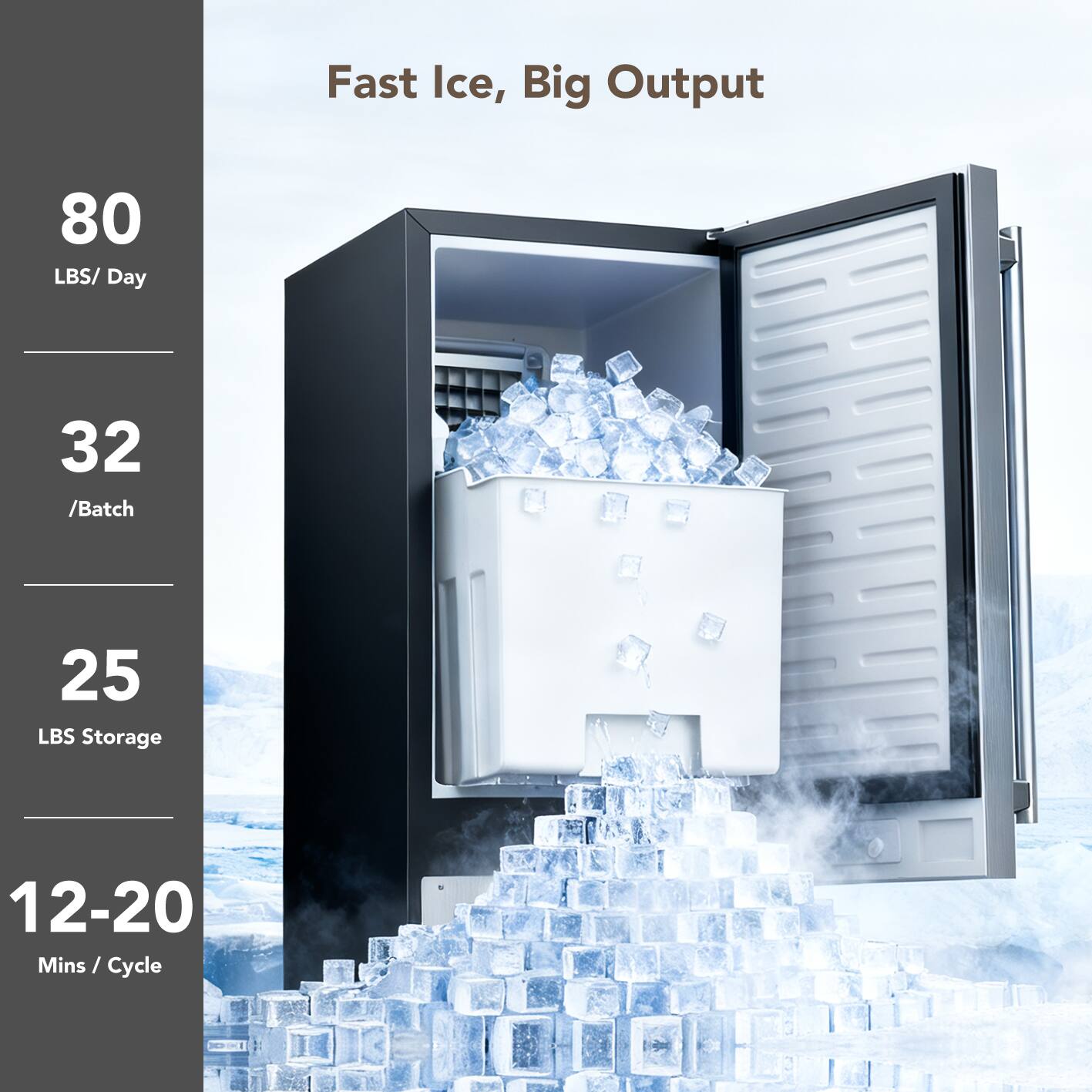 Fast Ice, Big Output

80 LBS/Day

32 /Batch

25 LBS Storage

12-20 Mins / Cycle