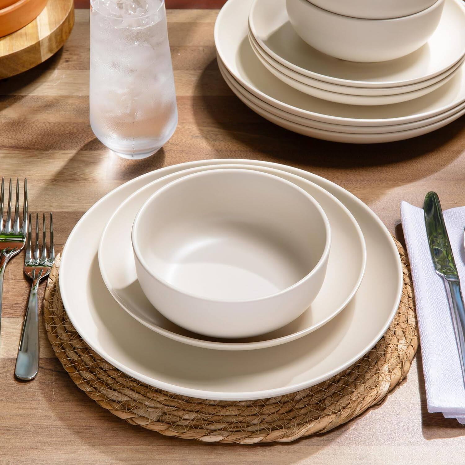 Back. Larder & Vine - 12-Piece Casa Modern Dinnerware Set for 4, Made from 100% BPA-Free Melamine - Ivory.