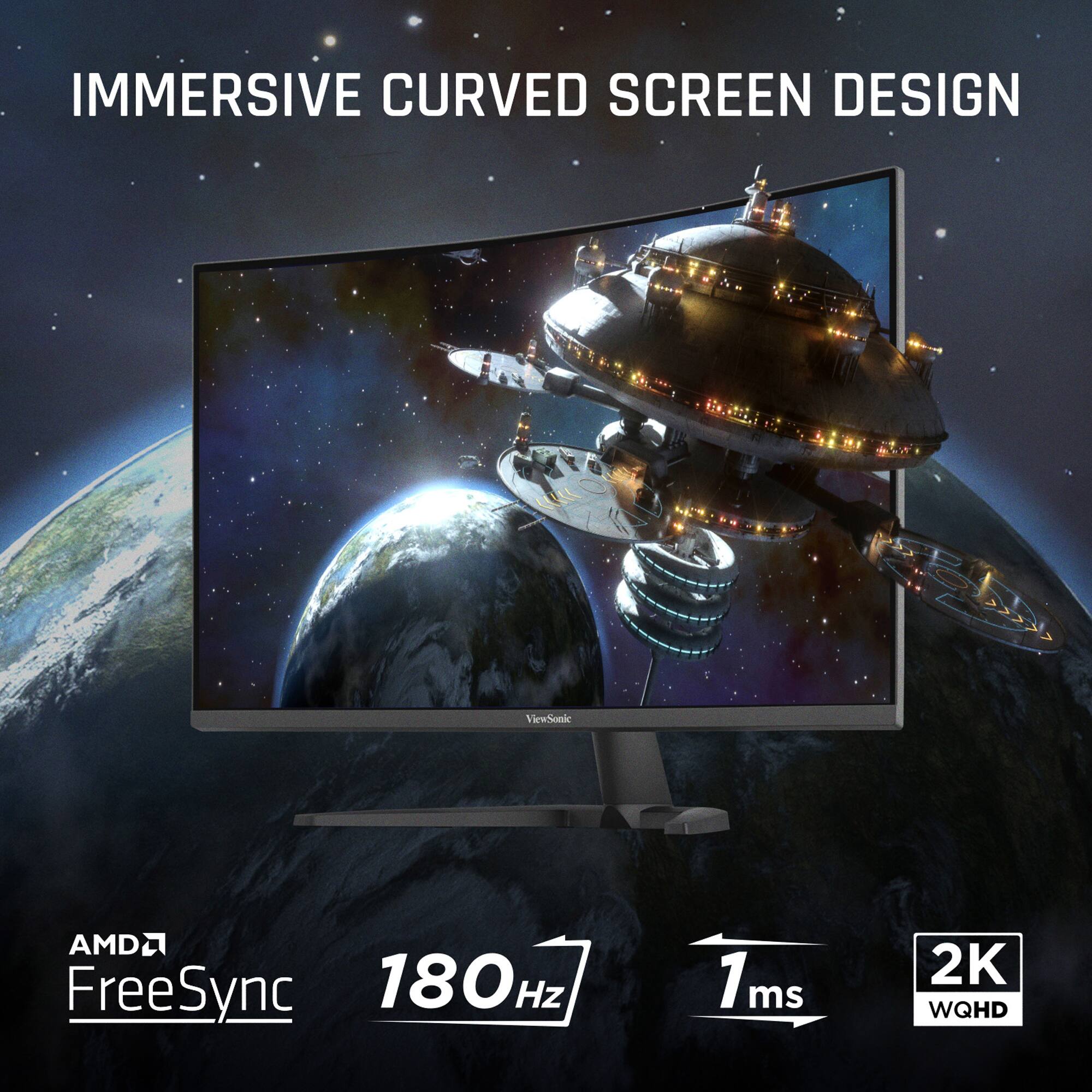 Immersive Curved Screen Design ViewSonic AMD FreeSync 180Hz 1ms 2K WQHD