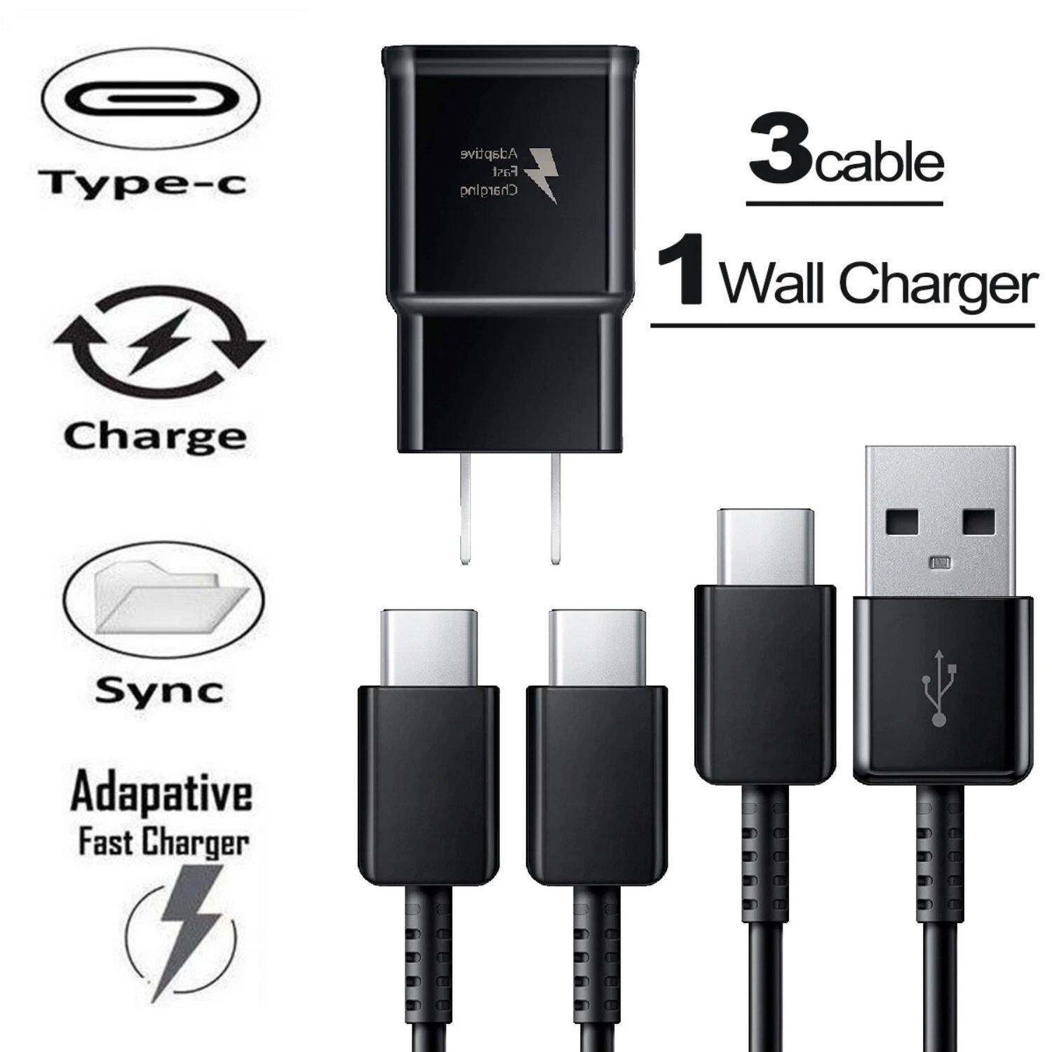 - Type-c
- Charge
- Sync
- Adaptive Fast Charger
- 3 cable
- 1 Wall Charger