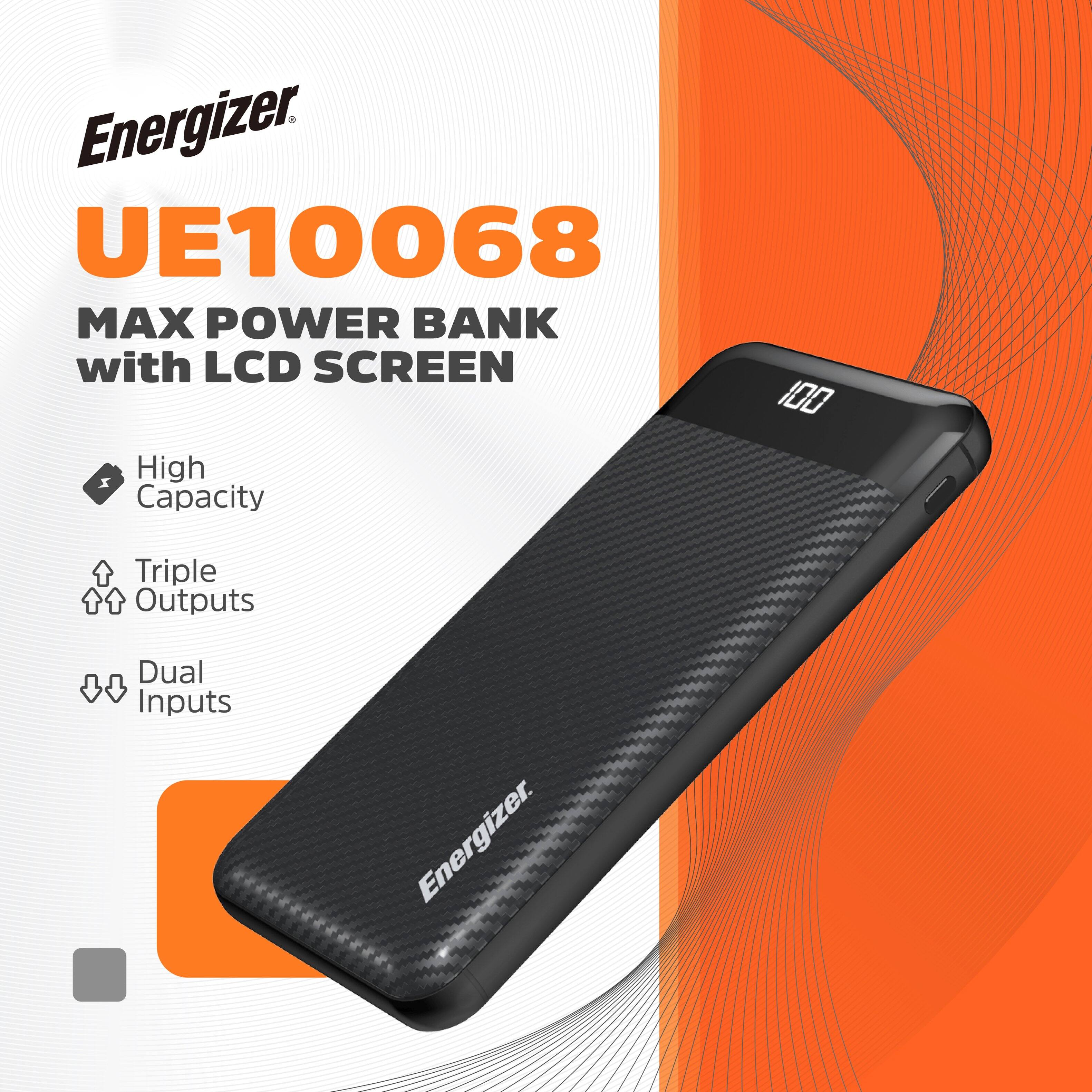 Energizer UE10068 MAX POWER BANK with LCD SCREEN I High Capacity 100 Triple Outputs Dual Inputs