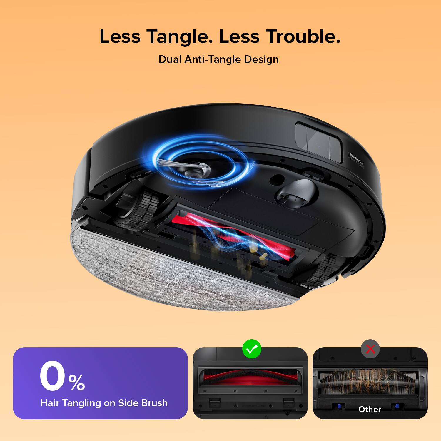 Less Tangle. Less Trouble.  
Dual Anti-Tangle Design  
0% Hair Tangling on Side Brush  
Other