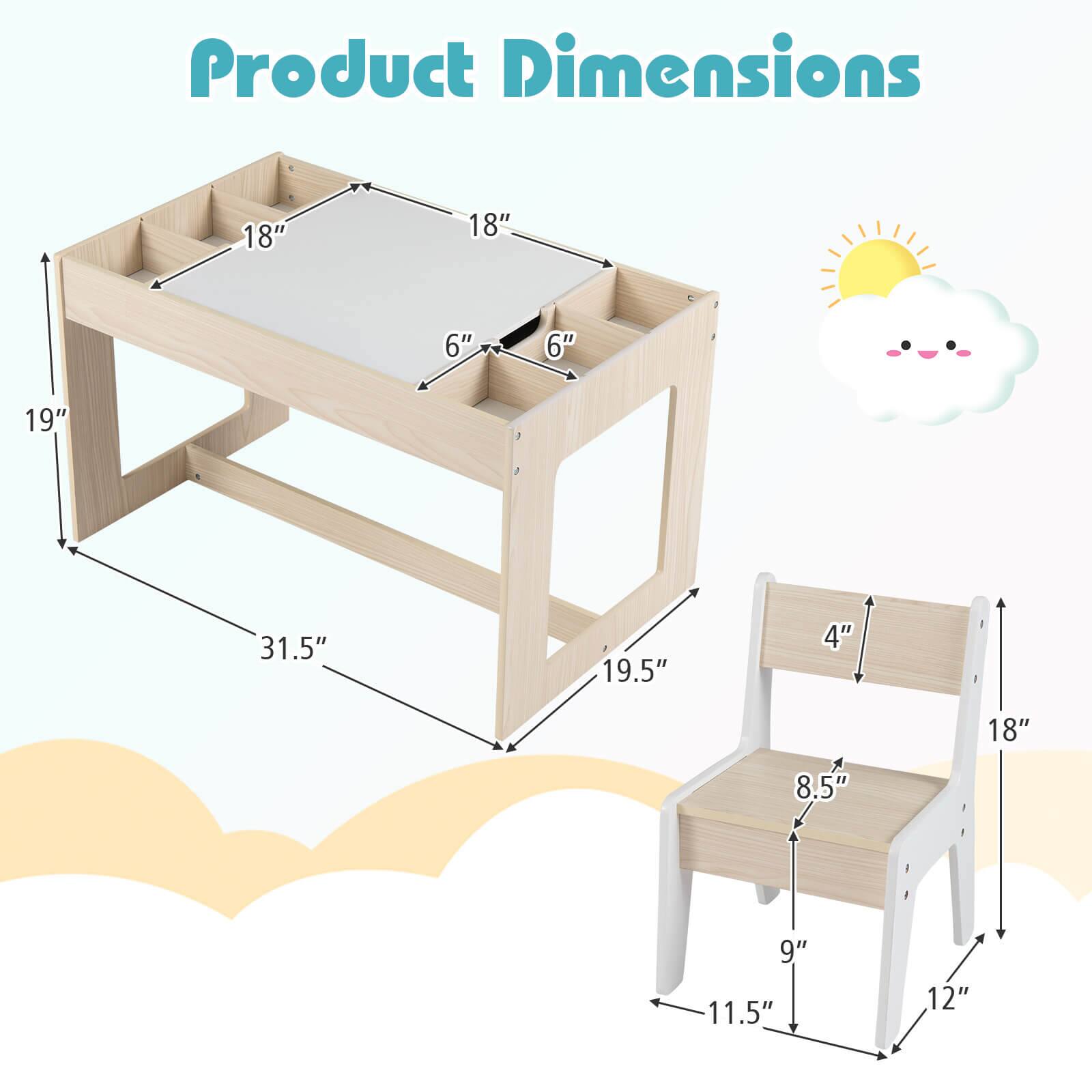 Product Dimensions: 18" x 18" x 6" (table top), 19" x 31.5" x 19.5" (table height), 18" x 8.5" x 9" x 11.5" x 12" (chair dimensions)