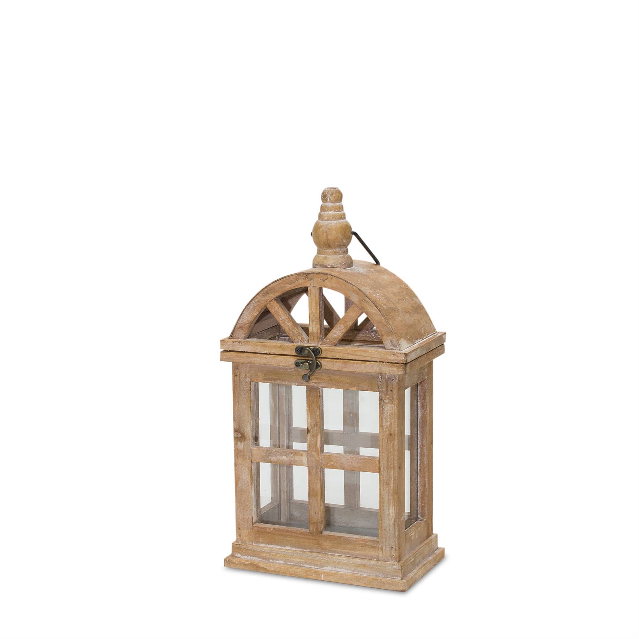Angle. BreeBe - Natural Wooden Lantern with Curved Top (Set of 2) - Brown, White, Silver.