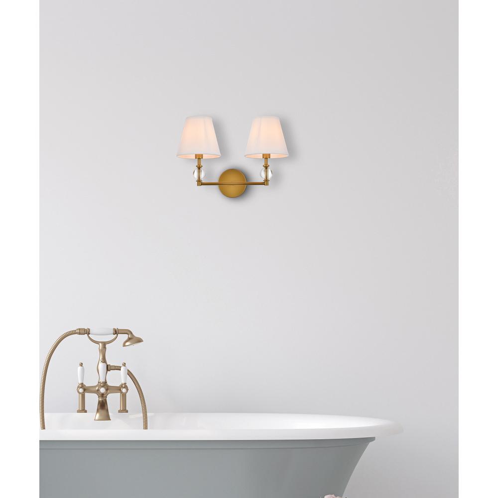 Angle. Living District - Bethany 2 lights bath sconce in brass with white fabric shade - Brass And White Fabric Shade.