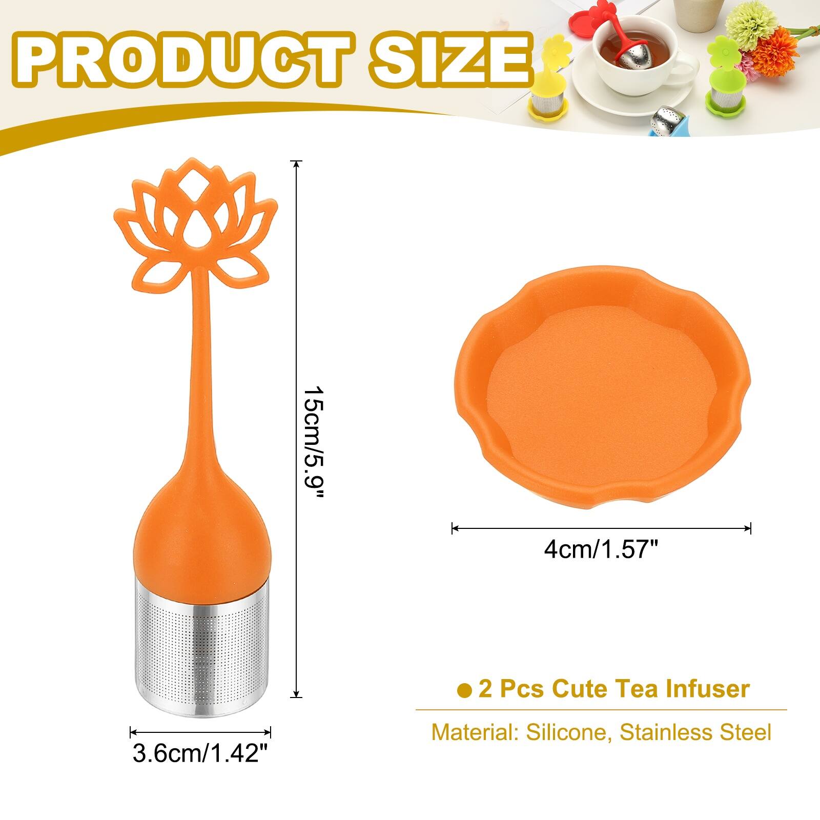 PRODUCT SIZE  
15cm/5.9"  
4cm/1.57"  
3.6cm/1.42"  

2 Pcs Cute Tea Infuser  

Material: Silicone, Stainless Steel