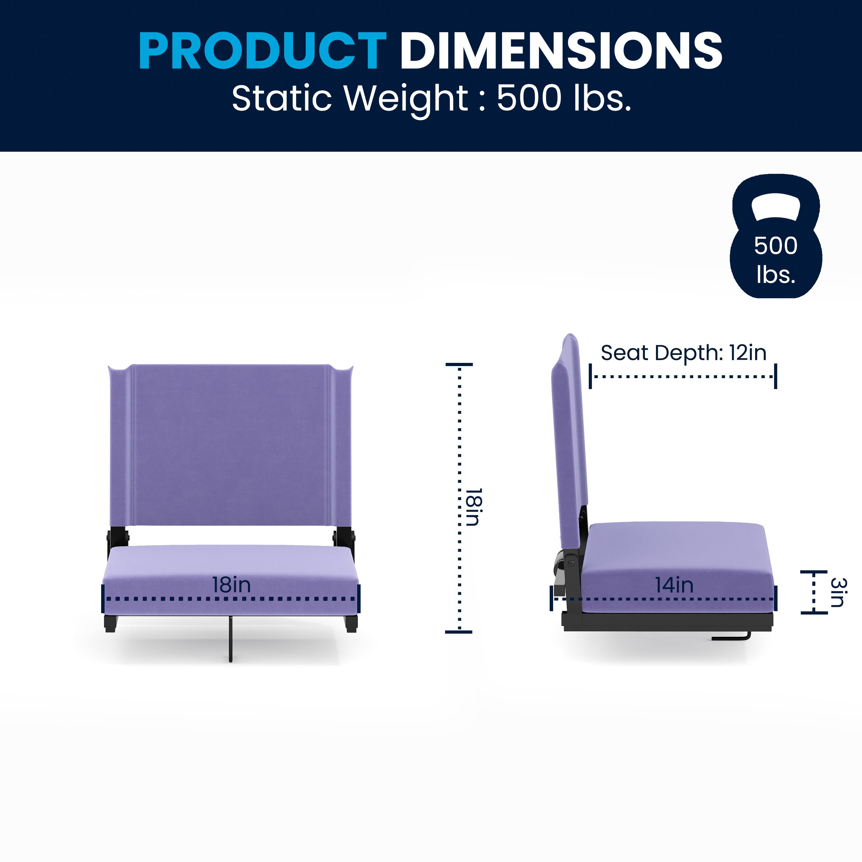 PRODUCT DIMENSIONS  
Static Weight: 500 lbs.  
Seat Depth: 12in  
Width: 18in  
Height: 18in  
Depth: 14in  
Seat Height: 3in