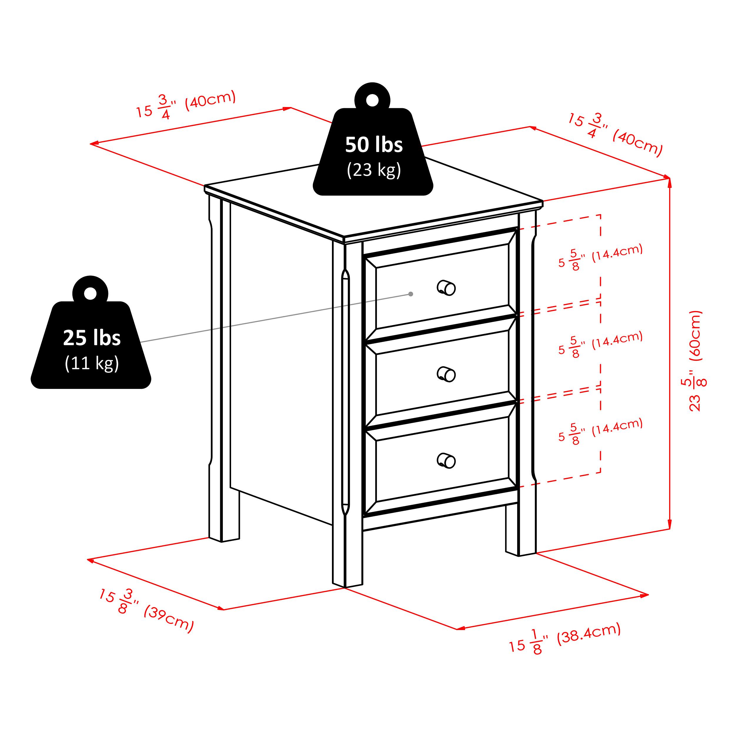 15 3/4" (40cm) x 15 3/4" (40cm) x 23 1/2" (60cm)  
50 lbs (23 kg)  
25 lbs (11 kg)  
5 5/8" (14.4cm)
