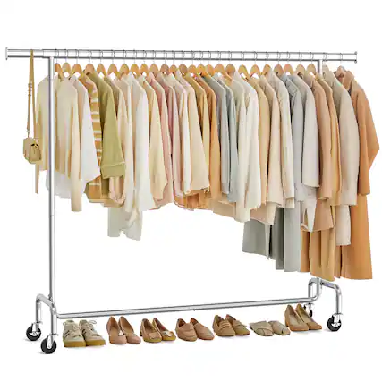 Front. Songmics Home - Clothes Rack with Wheels, Heavy-Duty Garment Rack with Extendable Hanging Rod, 243 lb Load Capacity - Silver.