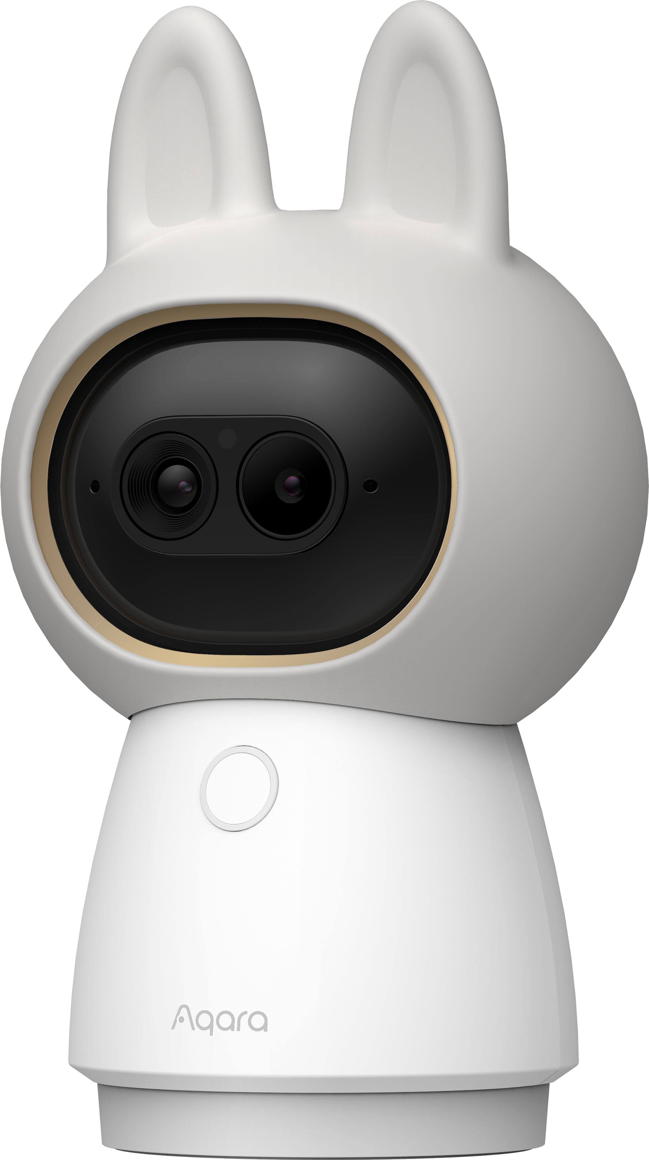Left. Aqara - 4K Dual-Lens Camera Hub G350, Indoor Camera 9X Zoom, 360° Pan/Tilt, AI Auto-Tracking, Face/Gesture Rec, 512 GB Storage - White.