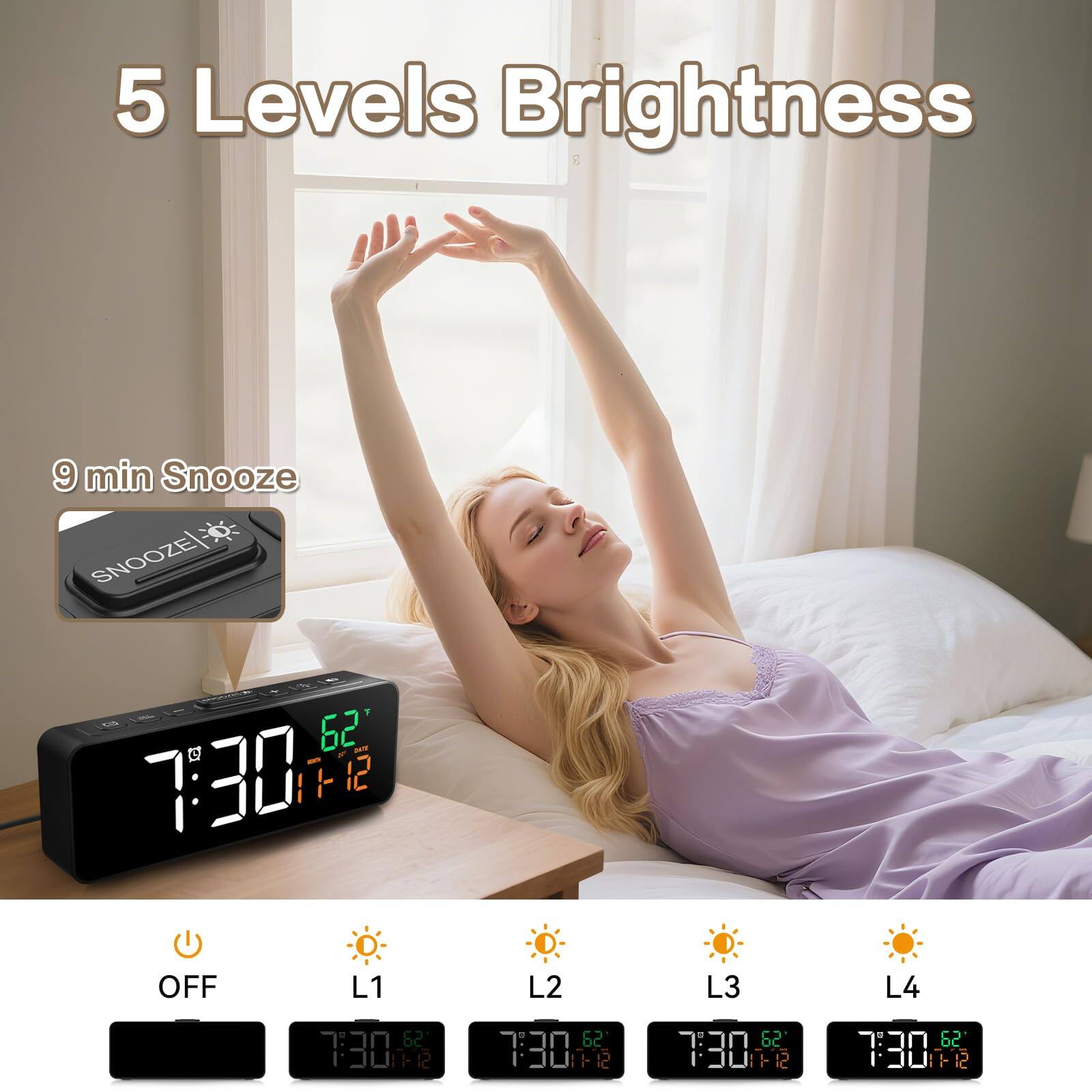 5 Levels Brightness

9 min Snooze

OFF L1 62 7:30 11-12  
L2 62 7:30 11-12  
L3 62 7:30 11-12  
L4 62 7:30 11-12