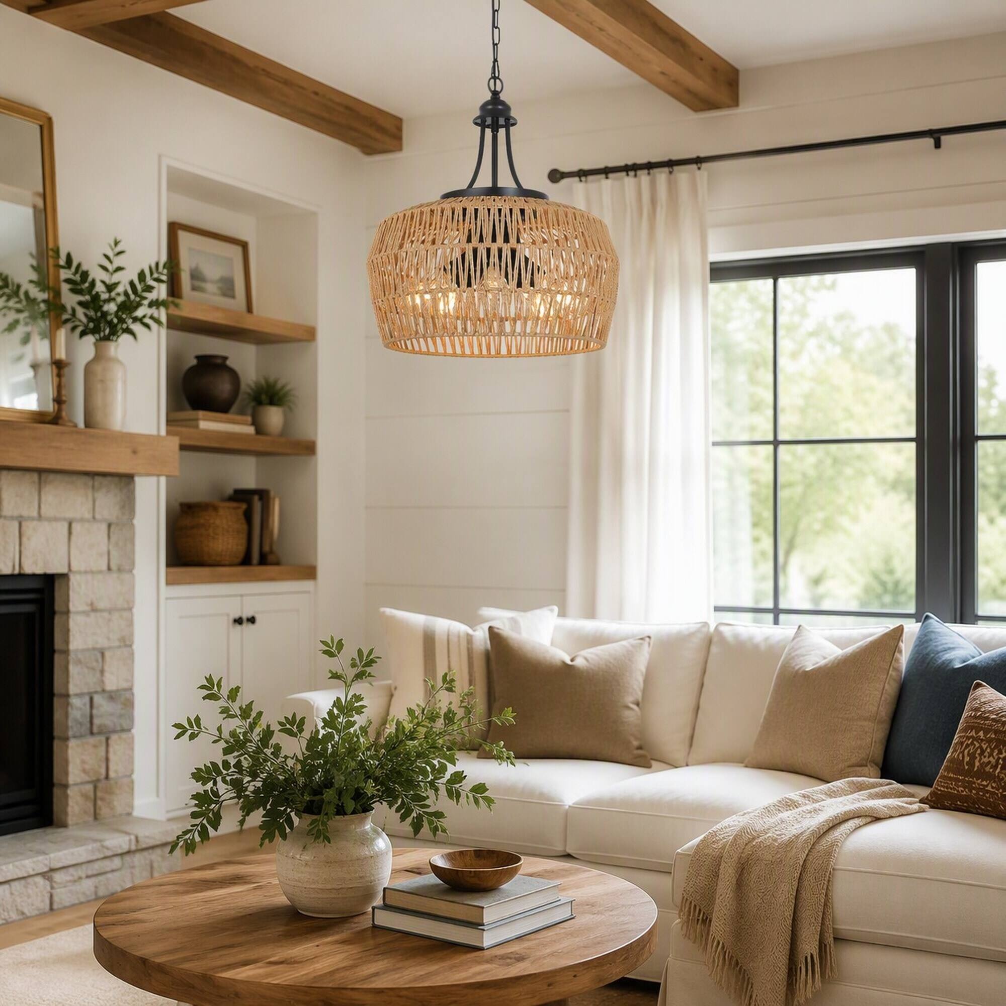 Angle. RYHNUYNE - Large 5-Light Coastal Farmhouse Rattan Chandelier,Boho Pendant Light Fixture for Dining Room - Brown.