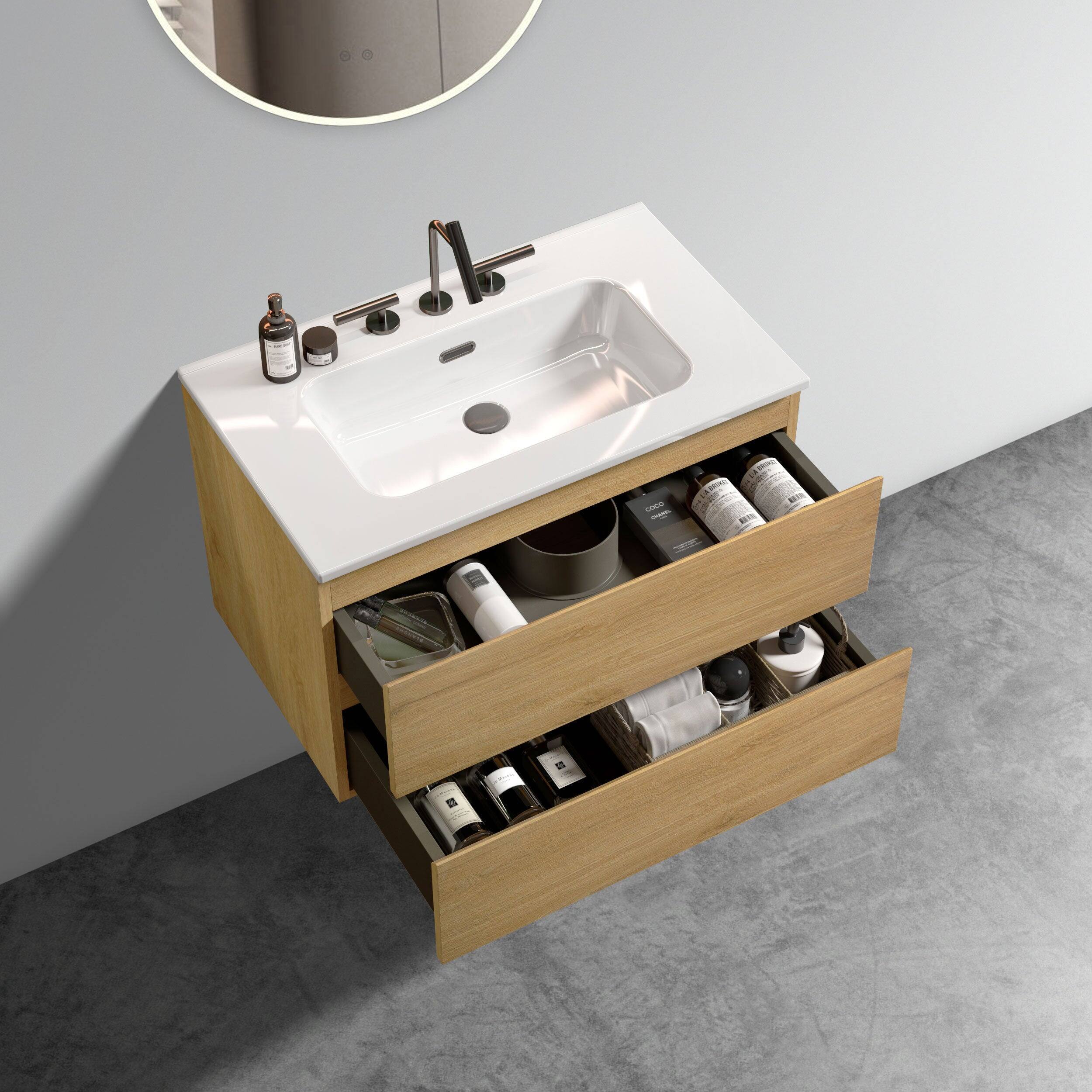 Alt View 2. Boyel Living - 30 Inch Natural Oak Bathroom Vanity with Ceramic Sink, Large Storage, Floating Design, Pre-Assembled - Oak.