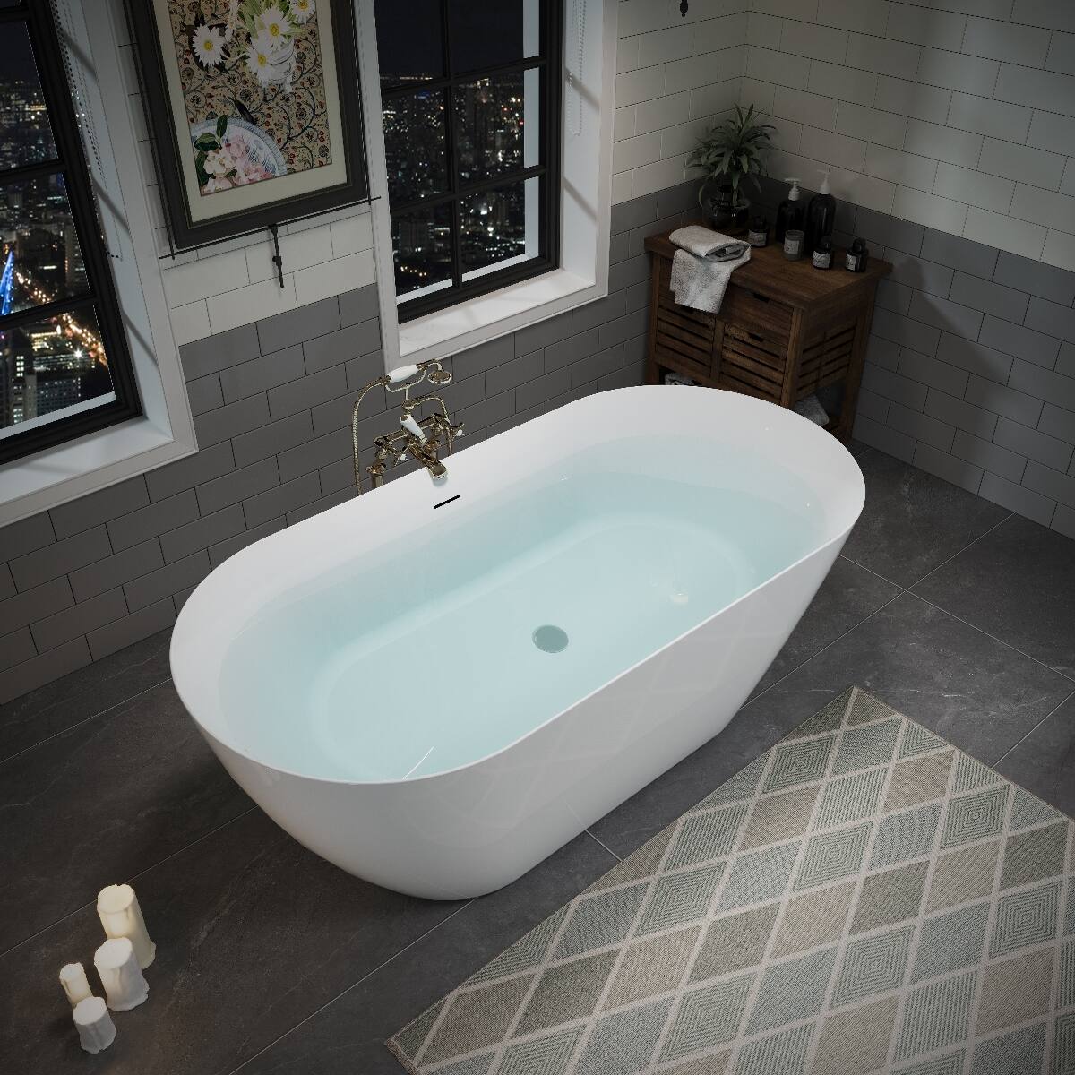 Alt View 6. Loheer - Loheer 55 Inch Acrylic Freestanding Bathtub Oval Deep Soaking Tub with Pop Up Drain and Integrated Overflow - Glossy White.