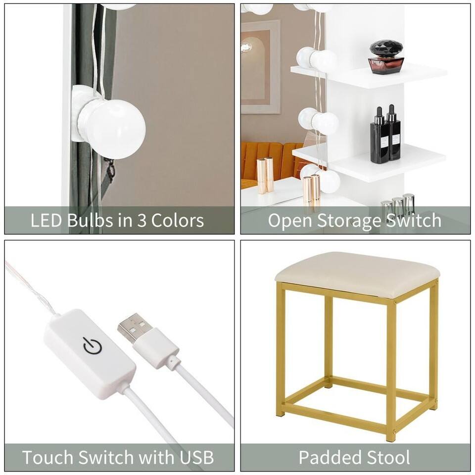 LED Bulbs in 3 Colors  
Open Storage Switch  
Touch Switch with USB  
Padded Stool