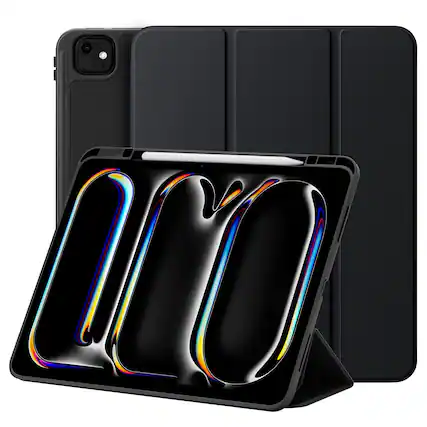 Front. Vena - For Apple iPad Pro 13 Inch Case with Pencil Holder, iPad Pro M4 13 Inch Case Cover (2024) with Slim Trifold Stand, Black - Black.