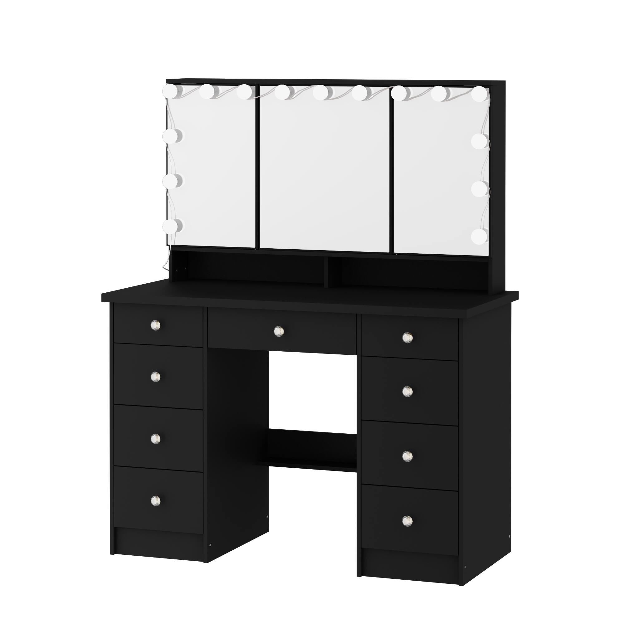 Angle. Famapy - Luxe Illuminated Vanity Set w/3-Way Lighting | Silent-Drawer Organization, Eco-Smart Makeup Studio - Black.