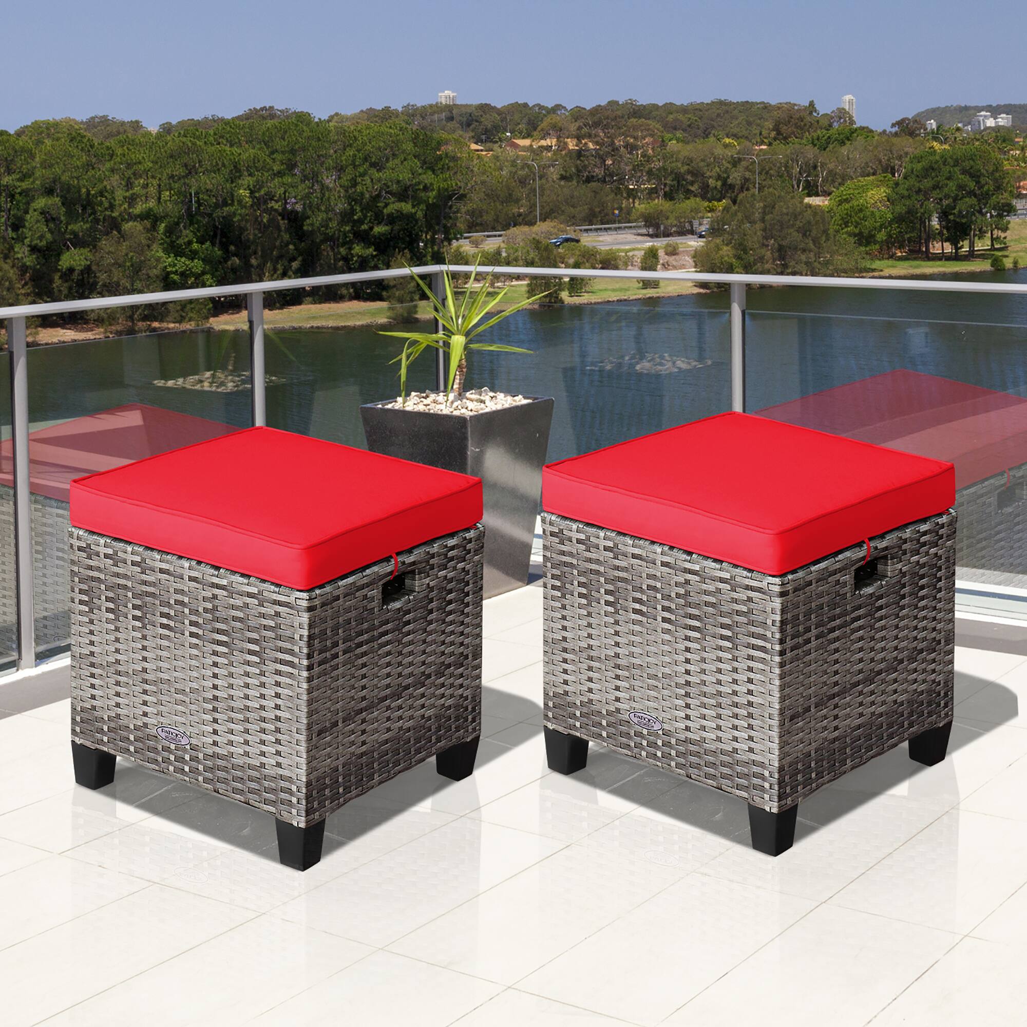 Alt View 2. Costway - Costway 2PCS Patio Rattan Cushioned Ottoman Seat  Foot Rest Table - Red.