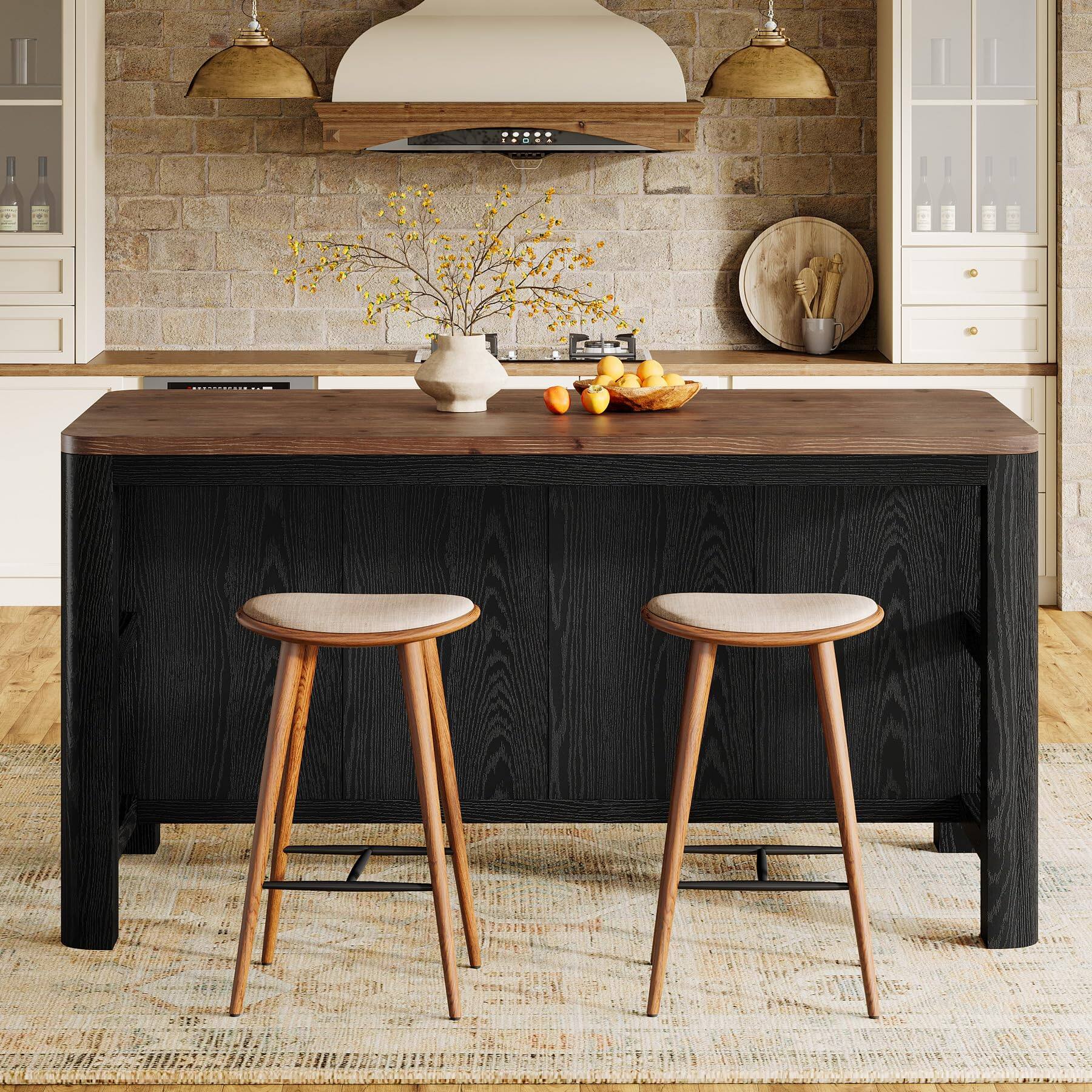Alt View 1. Tribesigns - 63" Solid Wood Kitchen Island with Storage Shelves, Black - Black and Brown.