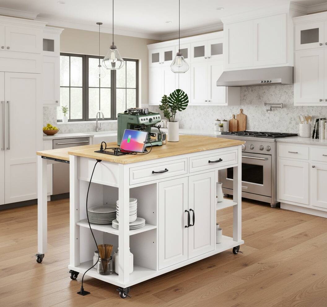 Left. Forest'nSky - 47 inch Rolling Kitchen Island with Storage, Rubber Wood Veneer Table, Power Outlet, Internal Rack, White - White.