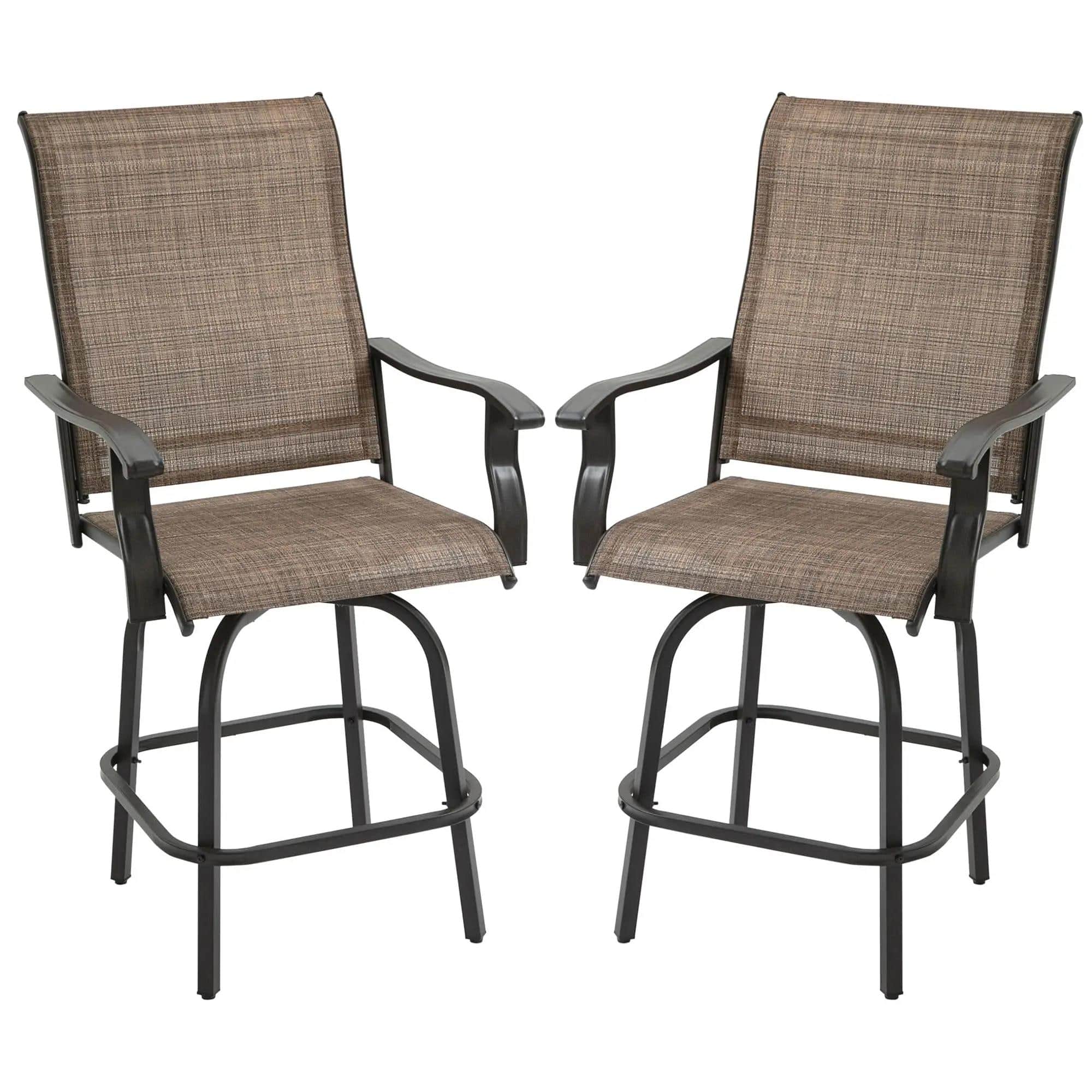 Resenkos - 2 Outdoor Swivel Bar Stools Set, Armrests, Bar Height Patio Chairs,Steel, Sling Fabric - Brown