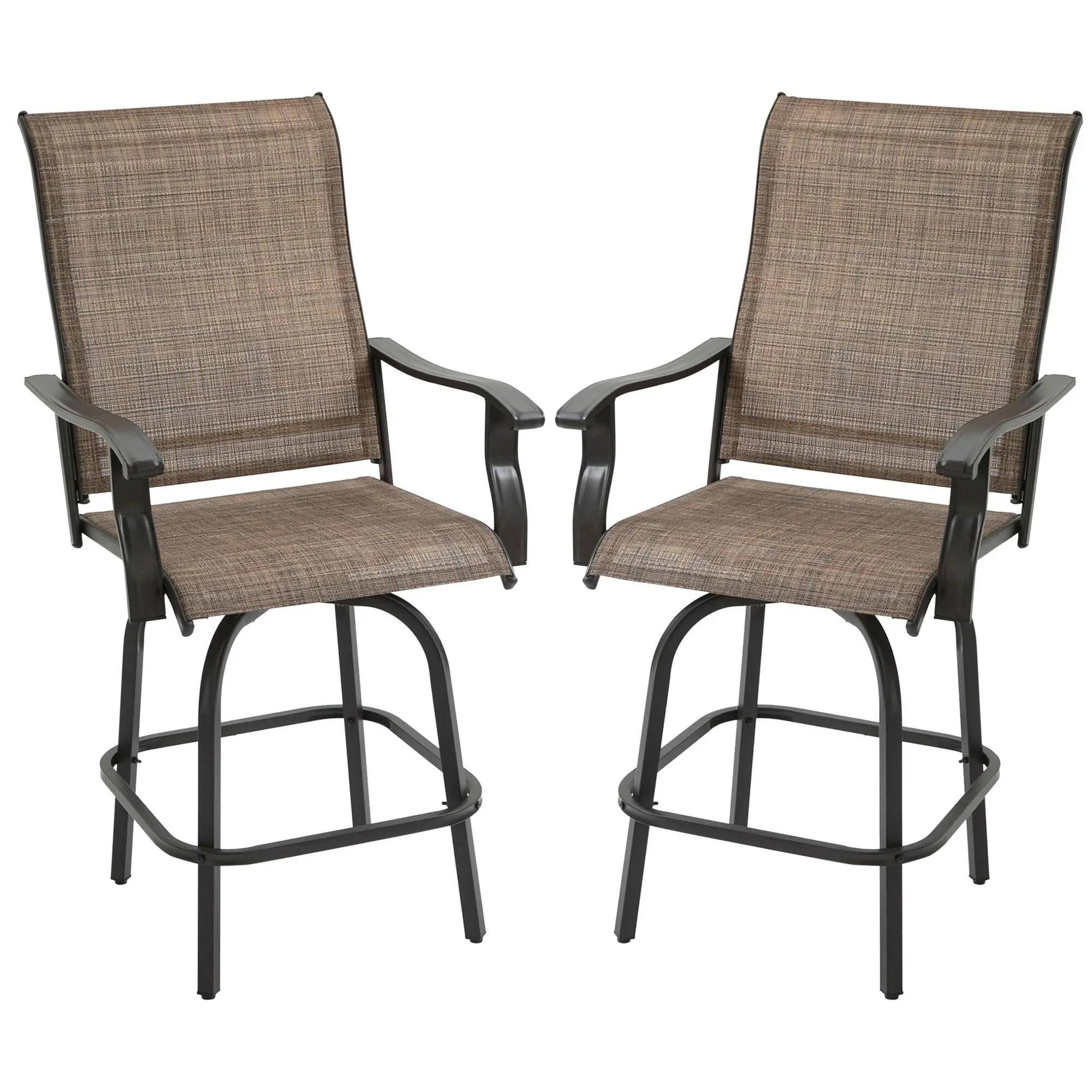 Front. Resenkos - Resenkos 2 Outdoor Swivel Bar Stools Set, Armrests, Bar Height Patio Chairs,Steel, Sling Fabric, Brown - Brown.