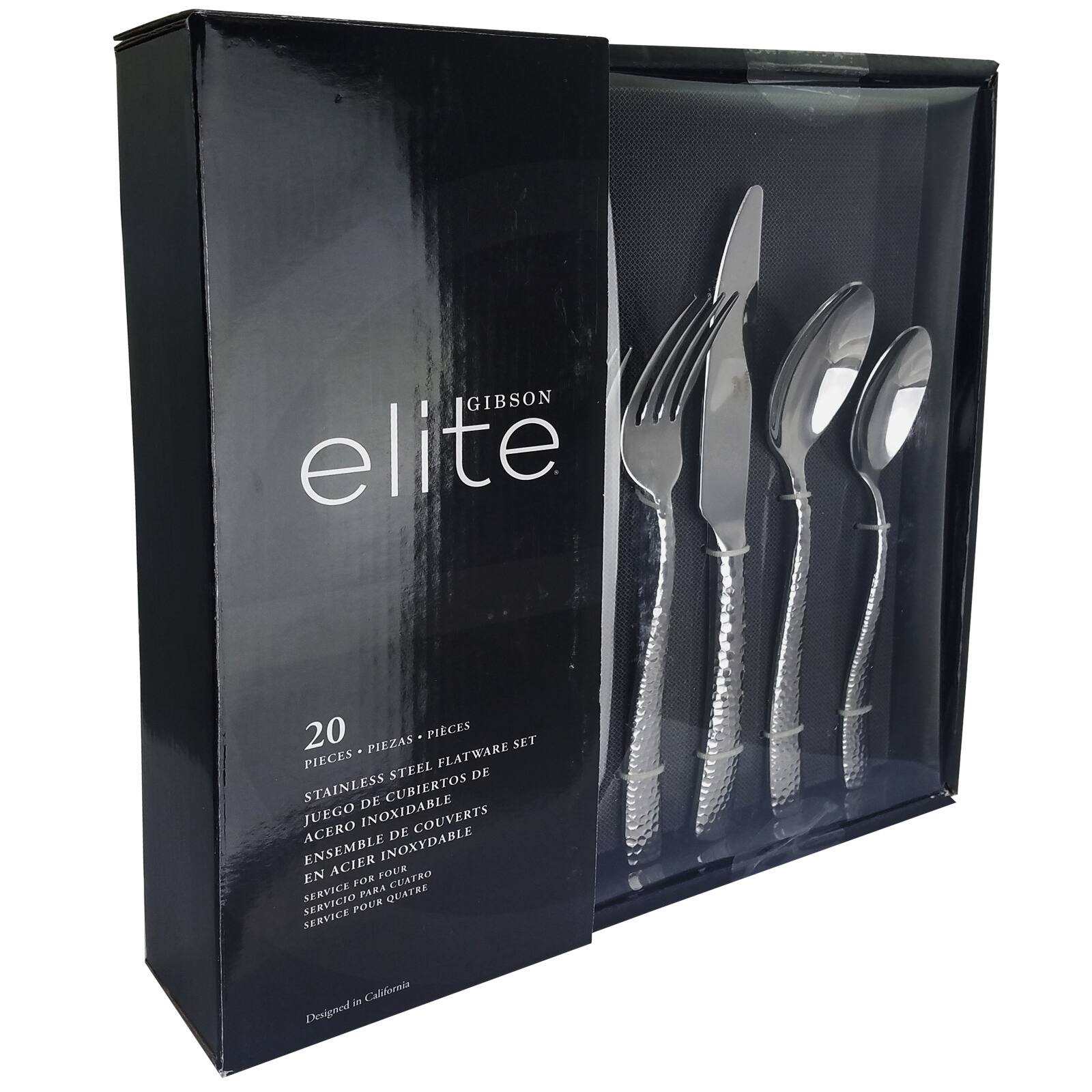 The image features a black box containing a set of four stainless steel flatware pieces, including a fork, a knife, and two spoons. The box is designed by Gibson and is labeled "Elite." The flatware is made of stainless steel, making it a durable and elegant choice for any table setting. The packaging is visually appealing and highlights the quality of the product.