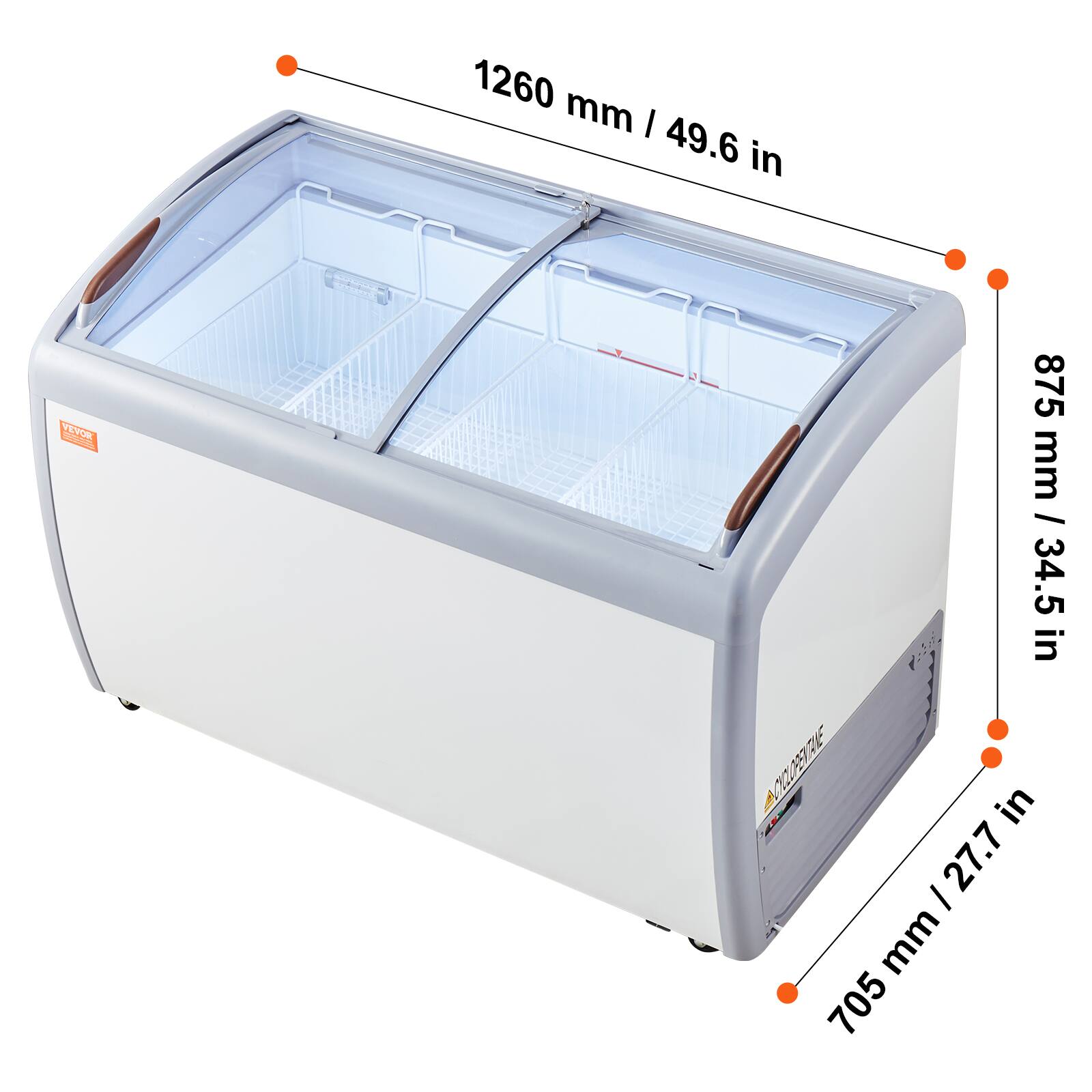 A: 1260 mm / 49.6 in

B: 875 mm / 34.5 in

C: 705 mm / 27.7 in